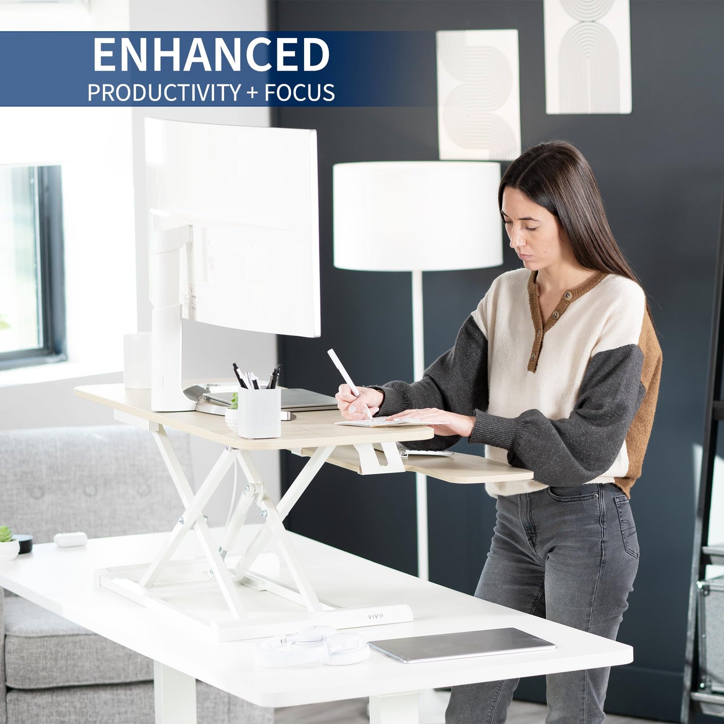 VIVO 42 inch Desk Converter, K Series, Height Adjustable Sit to Stand Riser, Dual Monitor and Laptop Workstation with Wide Keyboard Tray, Light Wood Top, White Frame, DESK-V042KF