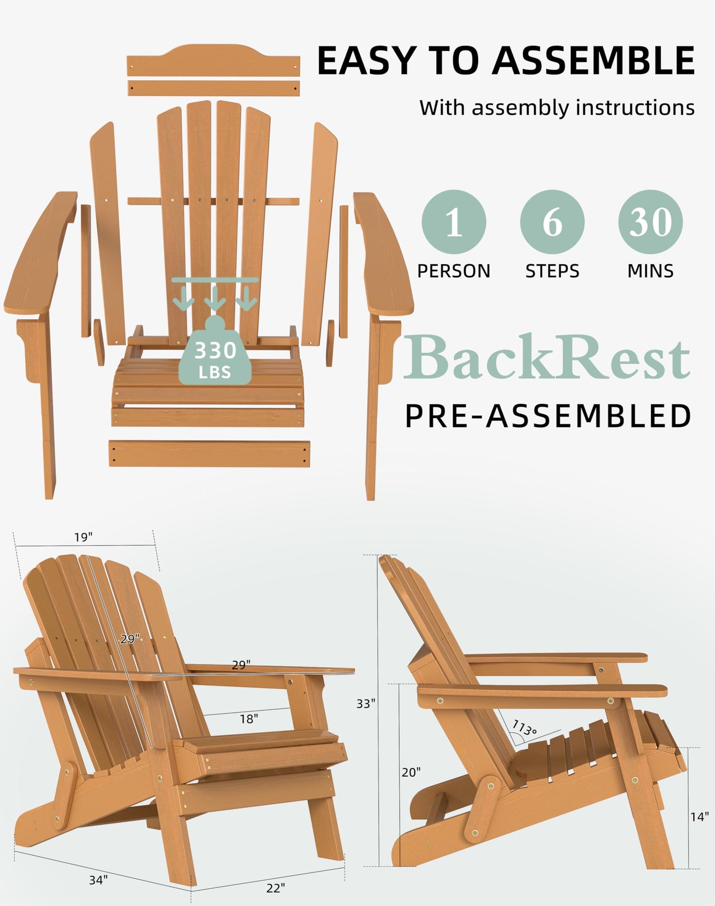 Wood-Natrl Oversized Wooden Folding Adirondack Chair with Pre-Assembled Backrest and Seat Board, Lounge Chair for Outdoor Patio Garden Lawn Backyard Firepit Deck Pool Beach
