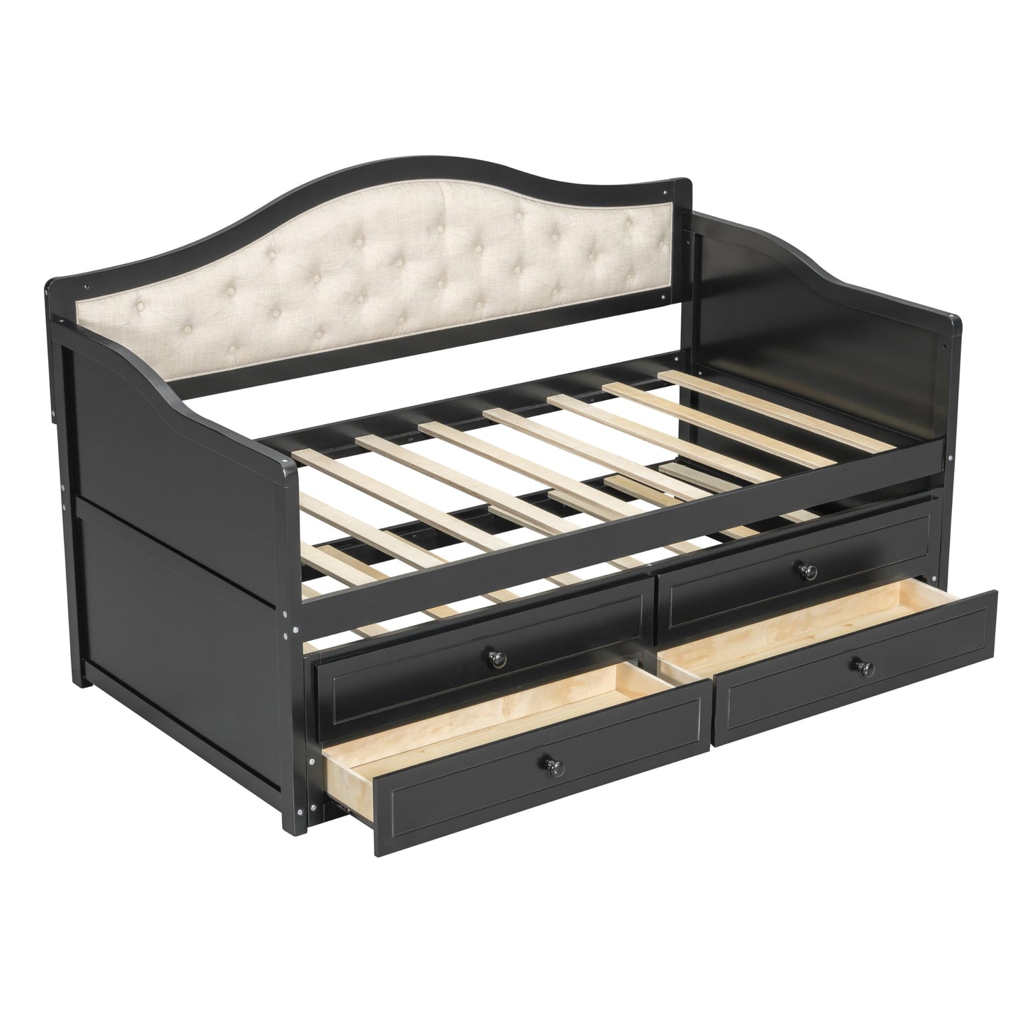 Twin Daybed with Trundle and Storage Drawers, Upholstered Button Tufted Sofa Bed for Guest Room, Modern Wooden Daybed with Pull Out Bed, Space Saving Design for Small Space, Bedroom, Dorm, Black