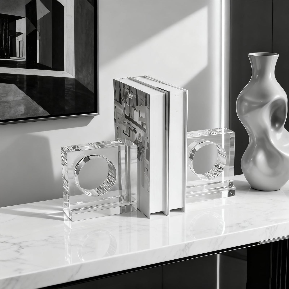 Kitcom Handmade Crystal Bookends Square, 1 Pair of Decorative Tabletop Bookends for Office, Home, Desk
