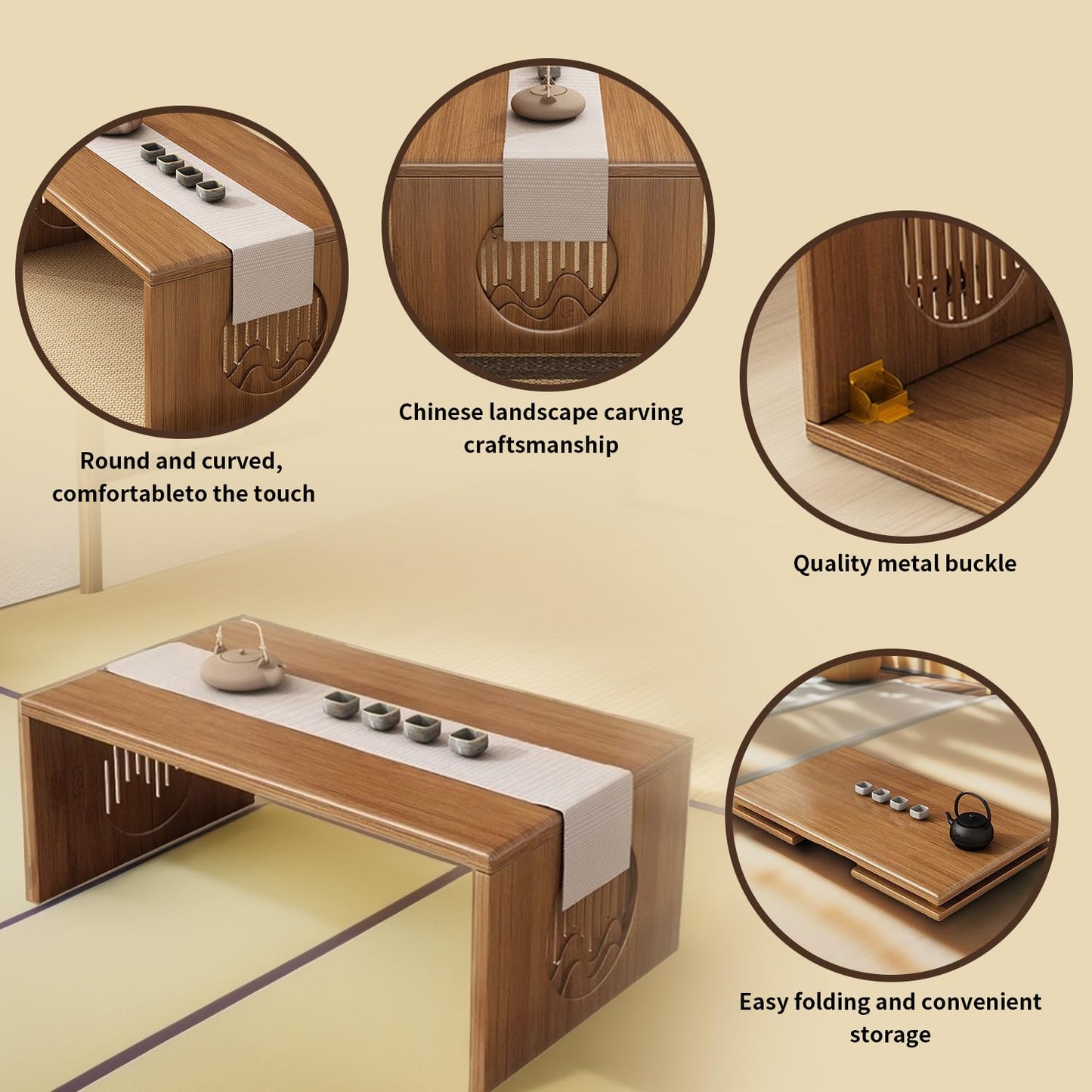 Japanese Folding Coffee Table, Foldable Low Coffee Tables, Bamboo Floor Table Desk for Sitting on The Floor, No Assembly, Portable Living Coffee Table (31.5Inch)