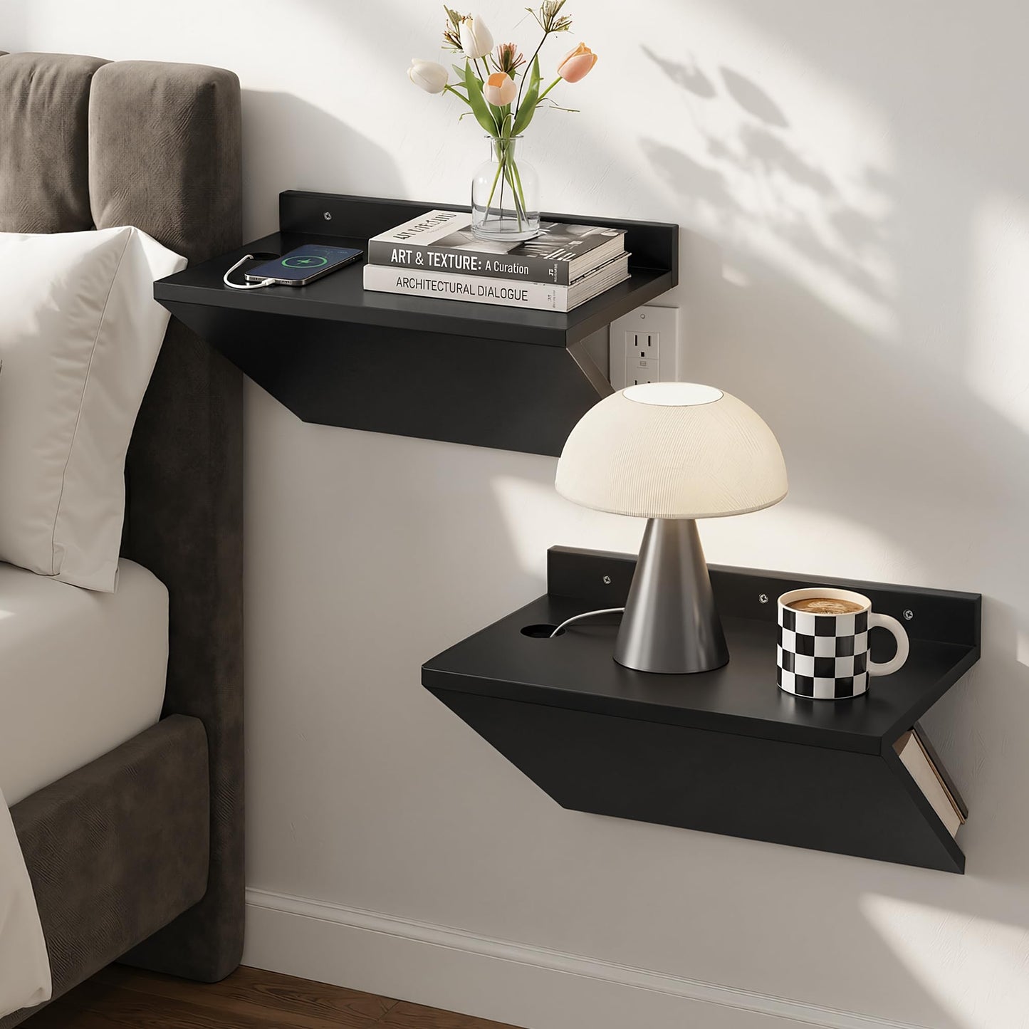 Petrala Floating Nightstand Set of 2, Black Wooden Bedside Table Wall Mount Nightstands Modern Side Table Wall Shelf Narrow Floater Night Stand Hanging End Table Z-Shape with Cable Hole for Bedroom