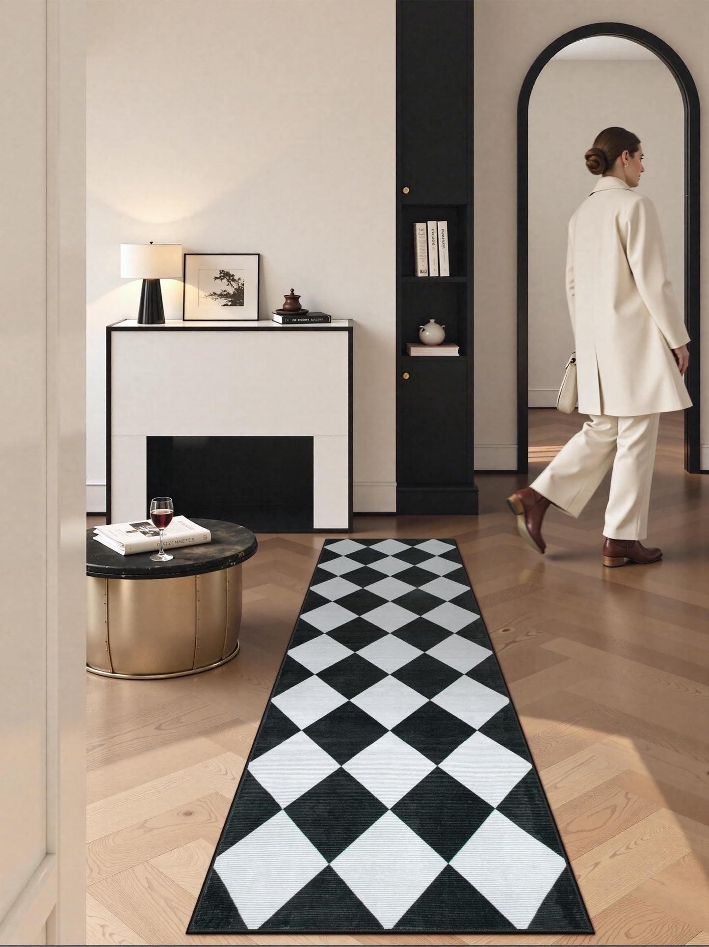 Beeiva Checkered Print Black Bathroom Runner Rug 2x6, Washable Ultra Thin Non Slip Laundry Room Rug Moroccan Stain Resistant Kitchen Runner, Modern Trellis Carpet for Hallway Bedroom Entryway Decor