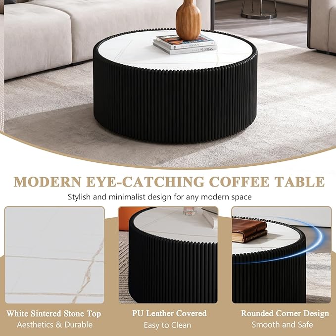 29.52" Round Marble Coffee Table, Modern Fluted Coffee Table w/White Sintered