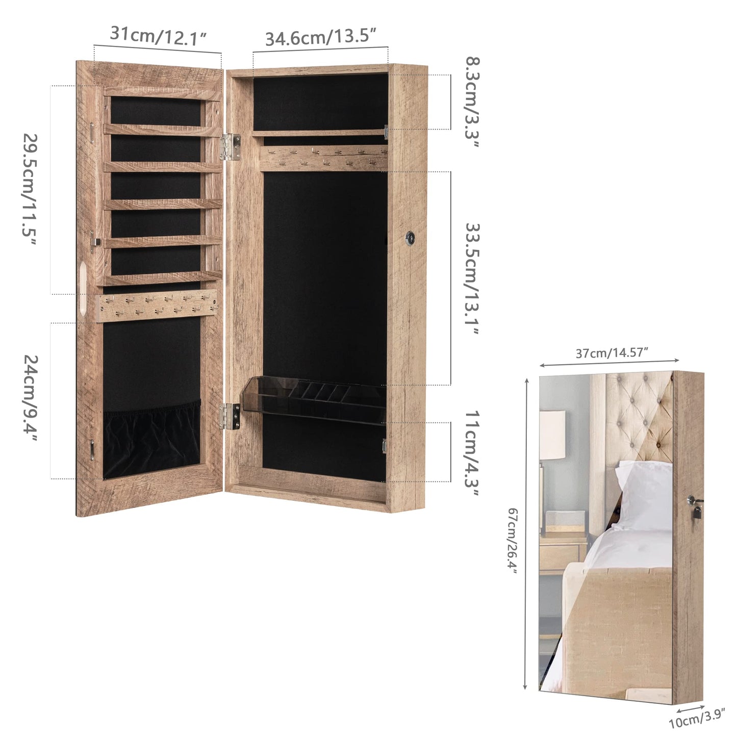 LAVIEVERT Lockable Jewelry Cabinet Armoire with Frameless Mirror, Wall/Door Mounted Space Saving Jewelry Display Organizer with Lipstick Compartments - Wood Grain