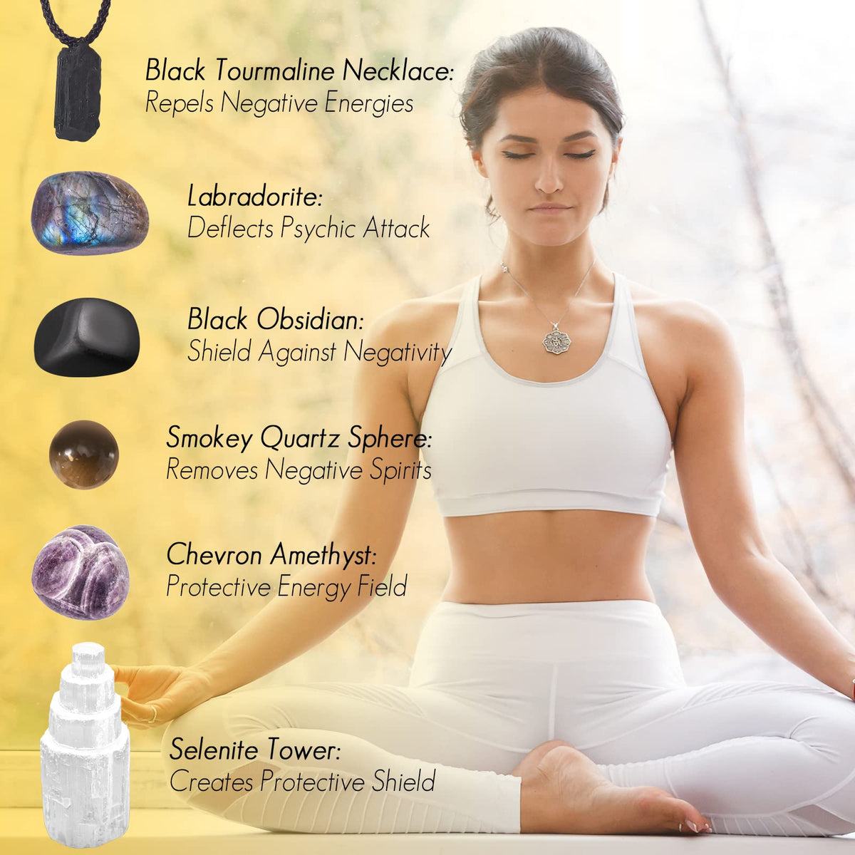 QianCannaor Protection Crystals and Healing Stones, Black Tourmaline Necklace, Selenite Tower,Smokey Quartz Sphere,Black Obsidian Healing Crystals Set for Meditation Accessories,Witchcraft Supplies