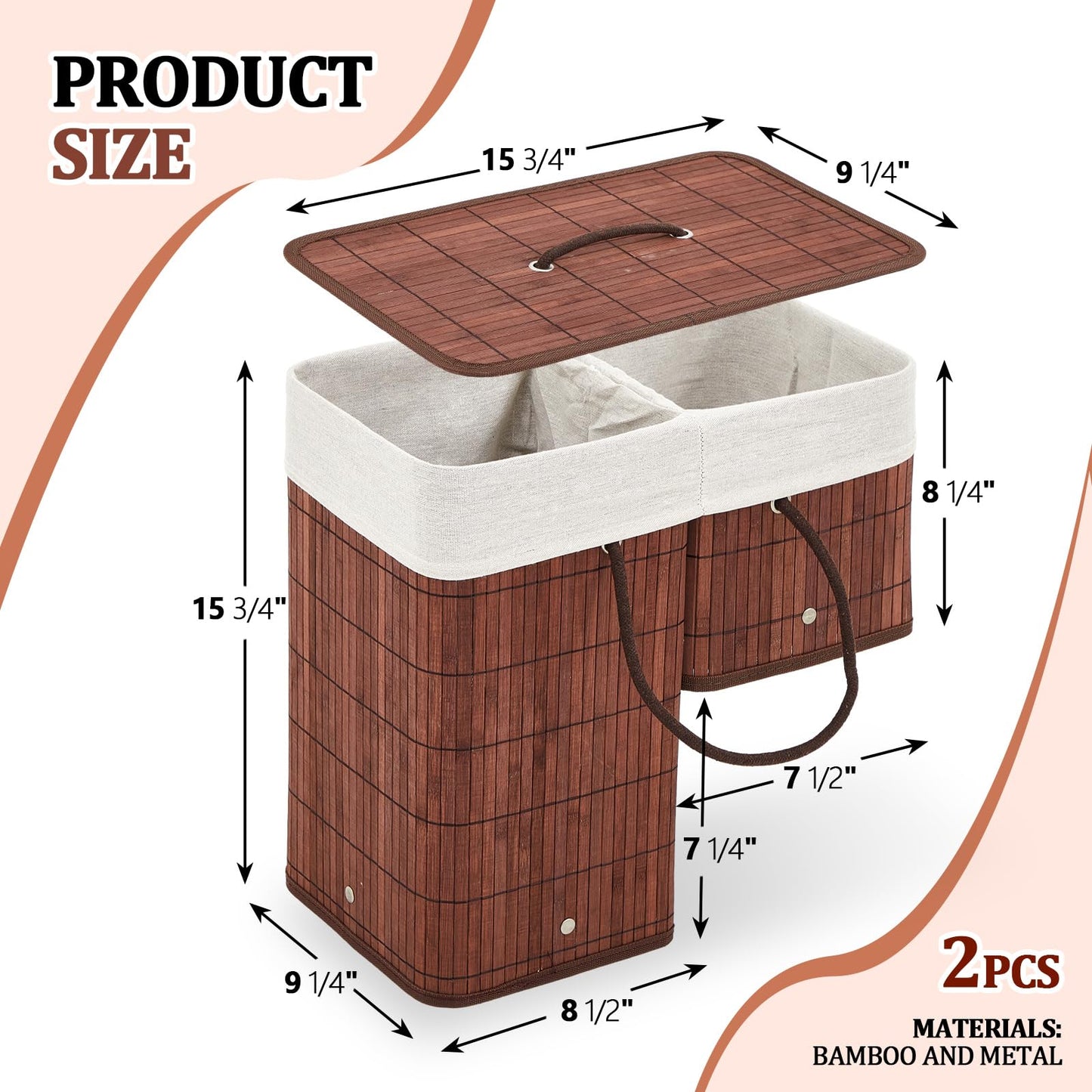 GlikCeil 2 Stair Basket with Lid and Handles, Foldable Staircase Baskets for Carpeted and Wooden Stairs, Bamboo Step Storage Organizer for Toys Clothes Books (Brown)