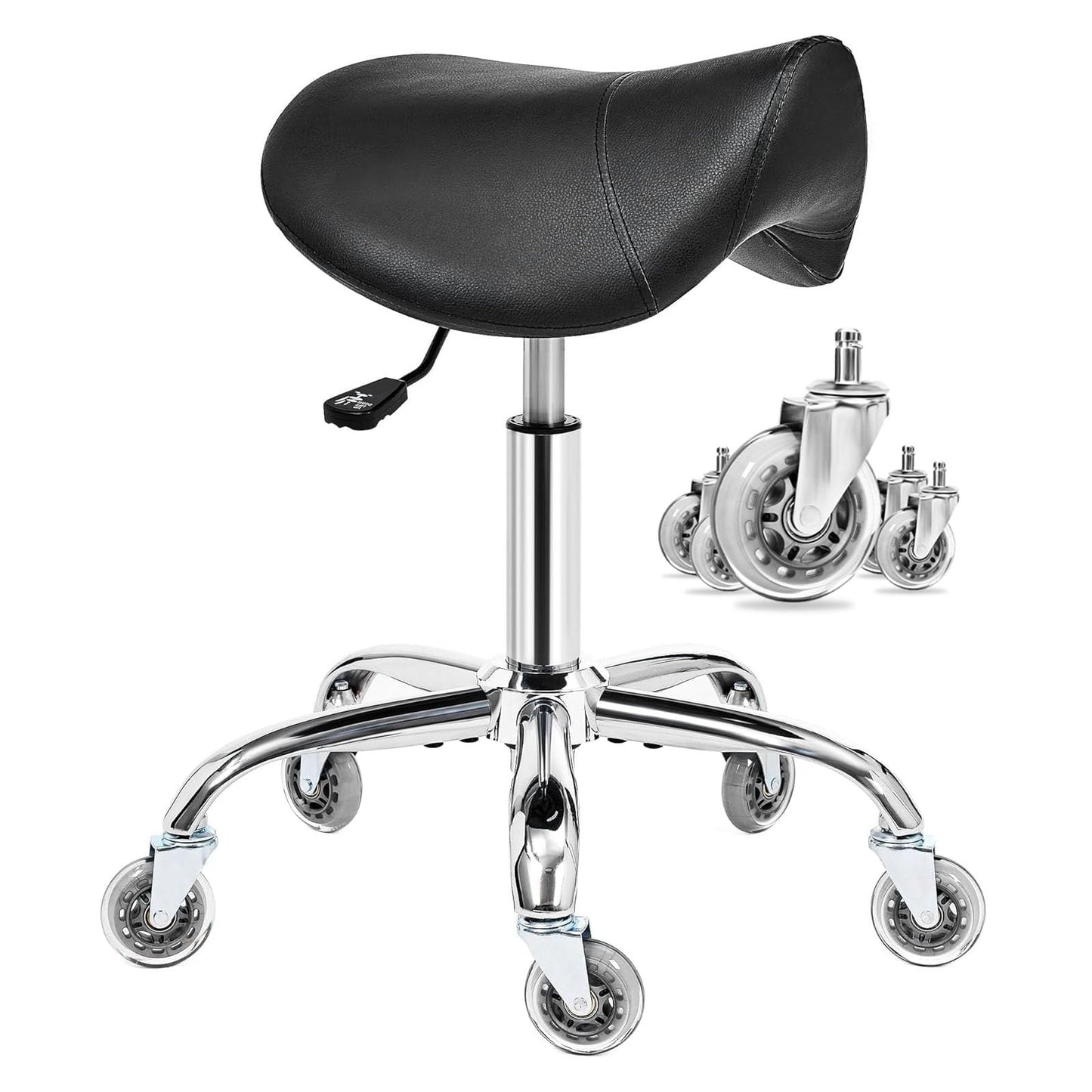 BEWISHOME Saddle Stool with Wheels, Ergonomic Contoured Seat, Thick Cushioned PU Leather Swivel Saddle Chair with Adjustable Height for All-Day Comfort, for Salon, Clinic, Studio and Home Office