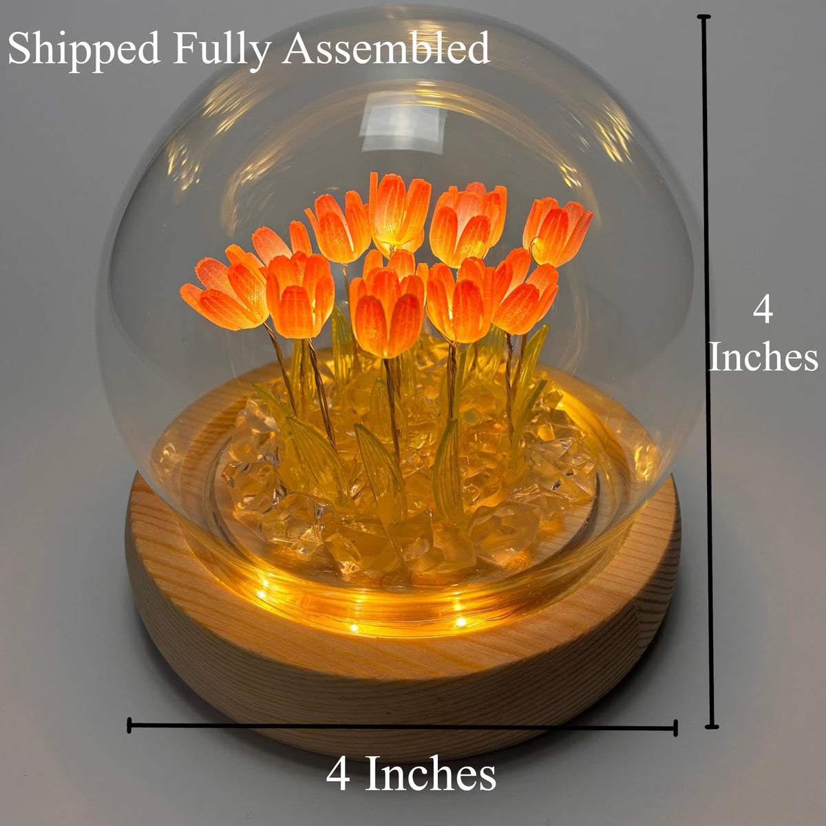 ALYMACK Tulip Lamp Glass Globe - Illuminated Flower Lamp with Glowing Blooms on Wooden Base - Battery-Powered Decorative Night Light for Bedroom, Living Room & Home Decor