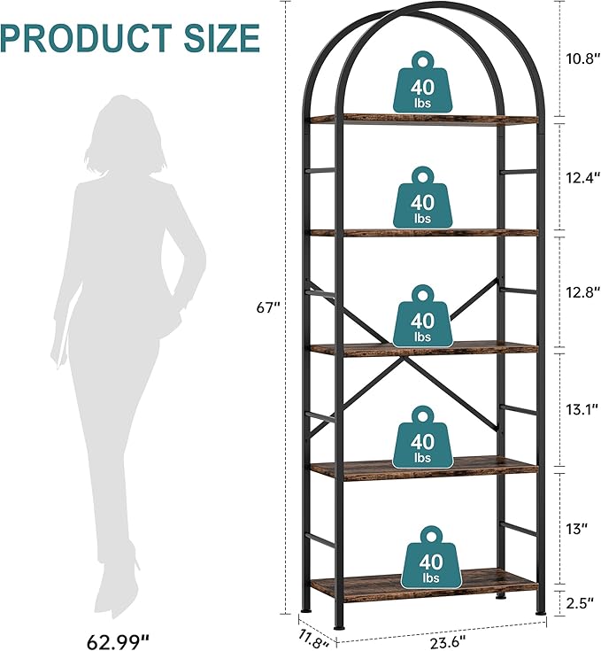 Shintenchi Bookshelf, Arched Bookshelf 5 Tier Bookcase, Tall Shelf