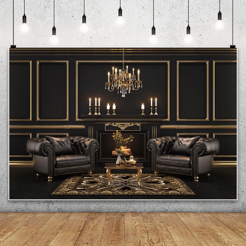 Laeacco 8x6ft Classic Interior Backdrop Black Wall Sofa Luxury Reception Room Interior Photography Background Business Office Studyroom Living Room Wallpaper Kids Adults Portrait Photo Booth Props