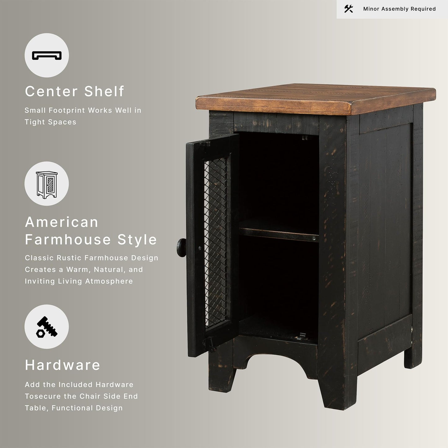 Signature Design by Ashley Valebeck Rustic Farmhouse Chair Side End Table with Cabinet Door, Distressed Black