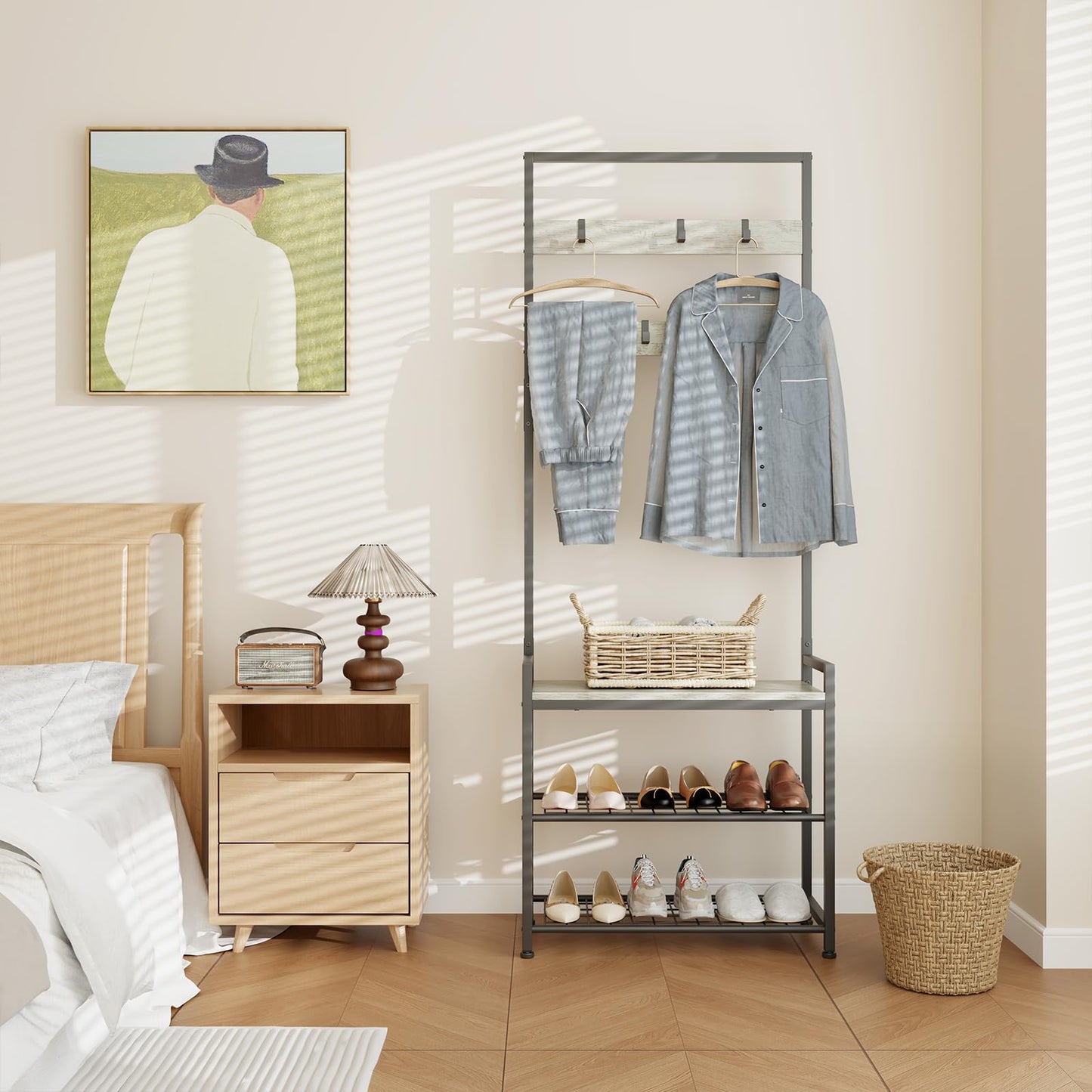 Hall Tree with Shoe Storage Bench - Entryway Bench with Coat Rack and Hooks - 3-in-1 Small Hall Tree for Entry Way, Entrance, Hallway, Doorway, Front Door, Mudroom, Small Space - Greige