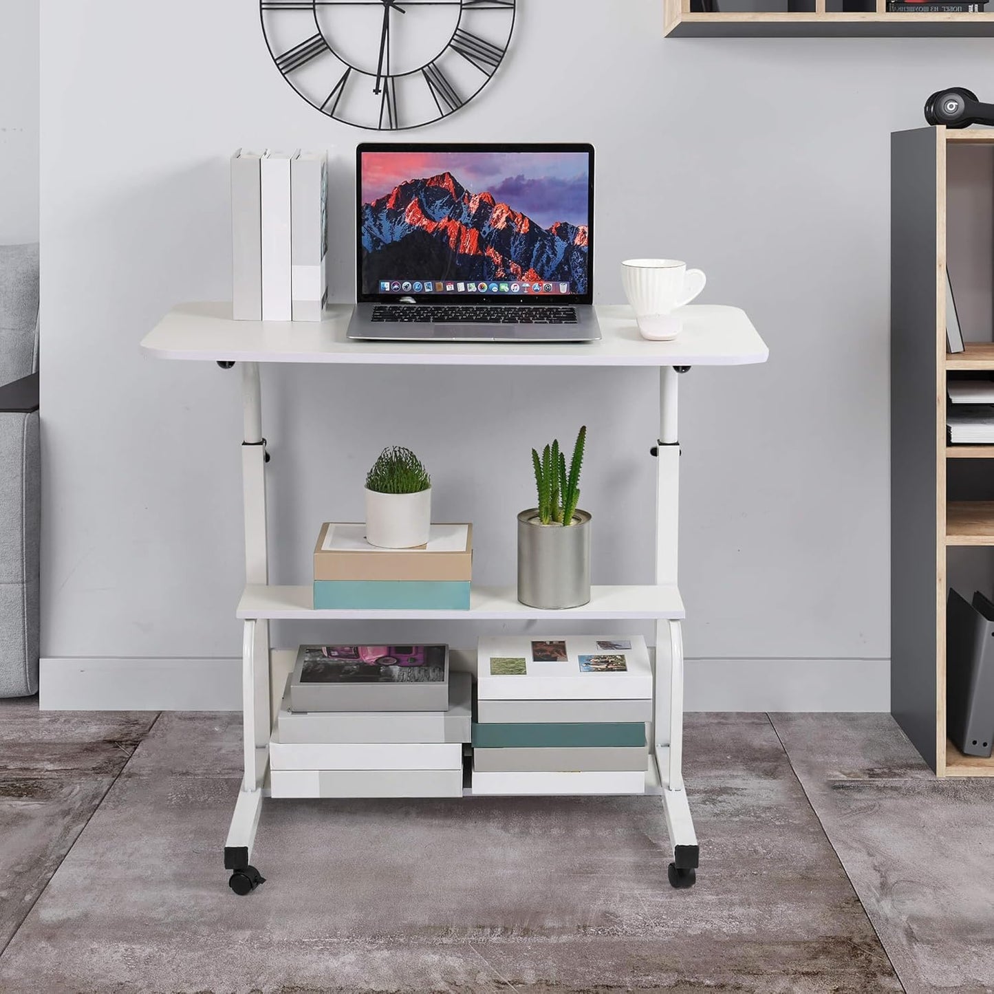 Dekhaoxe Adjustable Height Mobile Computer Desk for Small Space Rolling Writing with Wheels Corner Home Office Study Portable Bedrooms Work Desk Standing Table Sizes 31.5X15.7 Inches White
