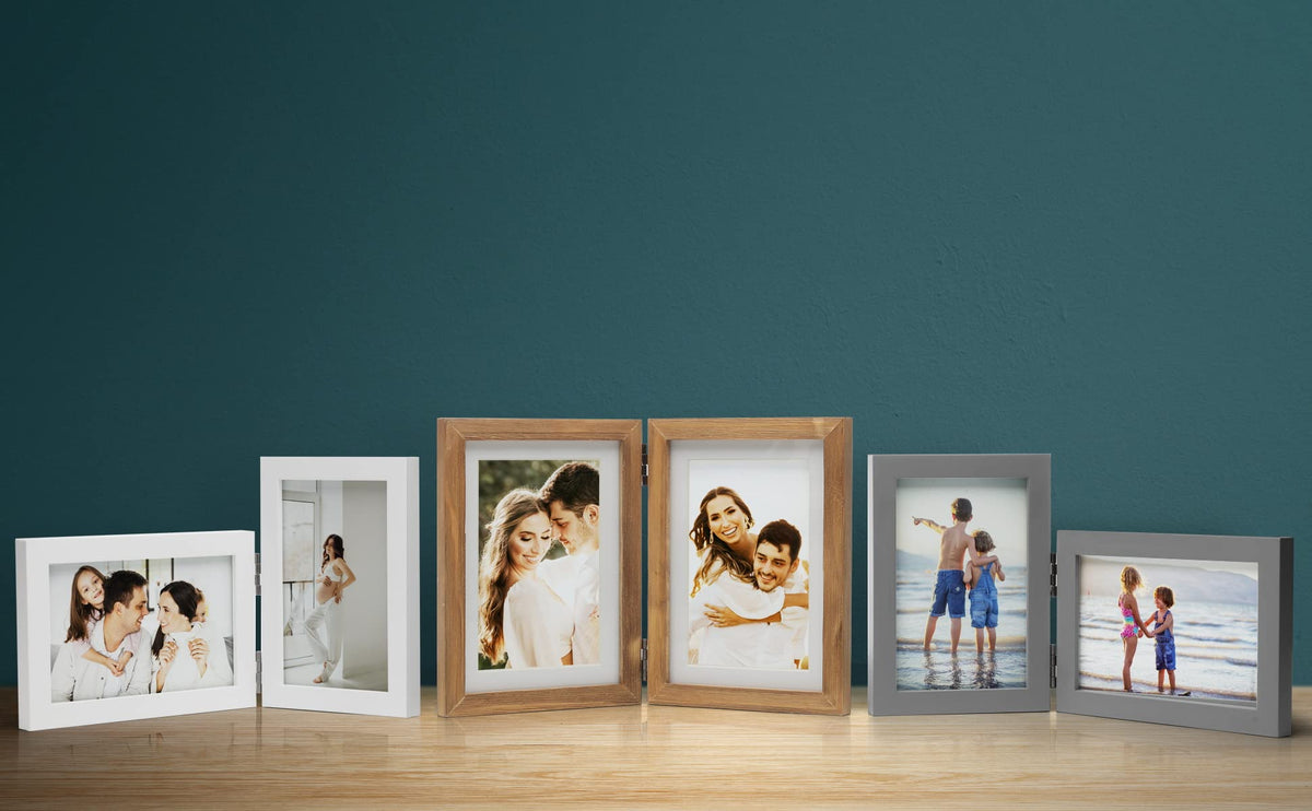 Janreefan Double Vertical & Horizontal 4X6 Picture Frames Hinged Folding Photo Frames in Teal Blue for Wall Hanging or Tabletop Standing, Made of Pine Wood with Real Glass P-S46H64-LAN
