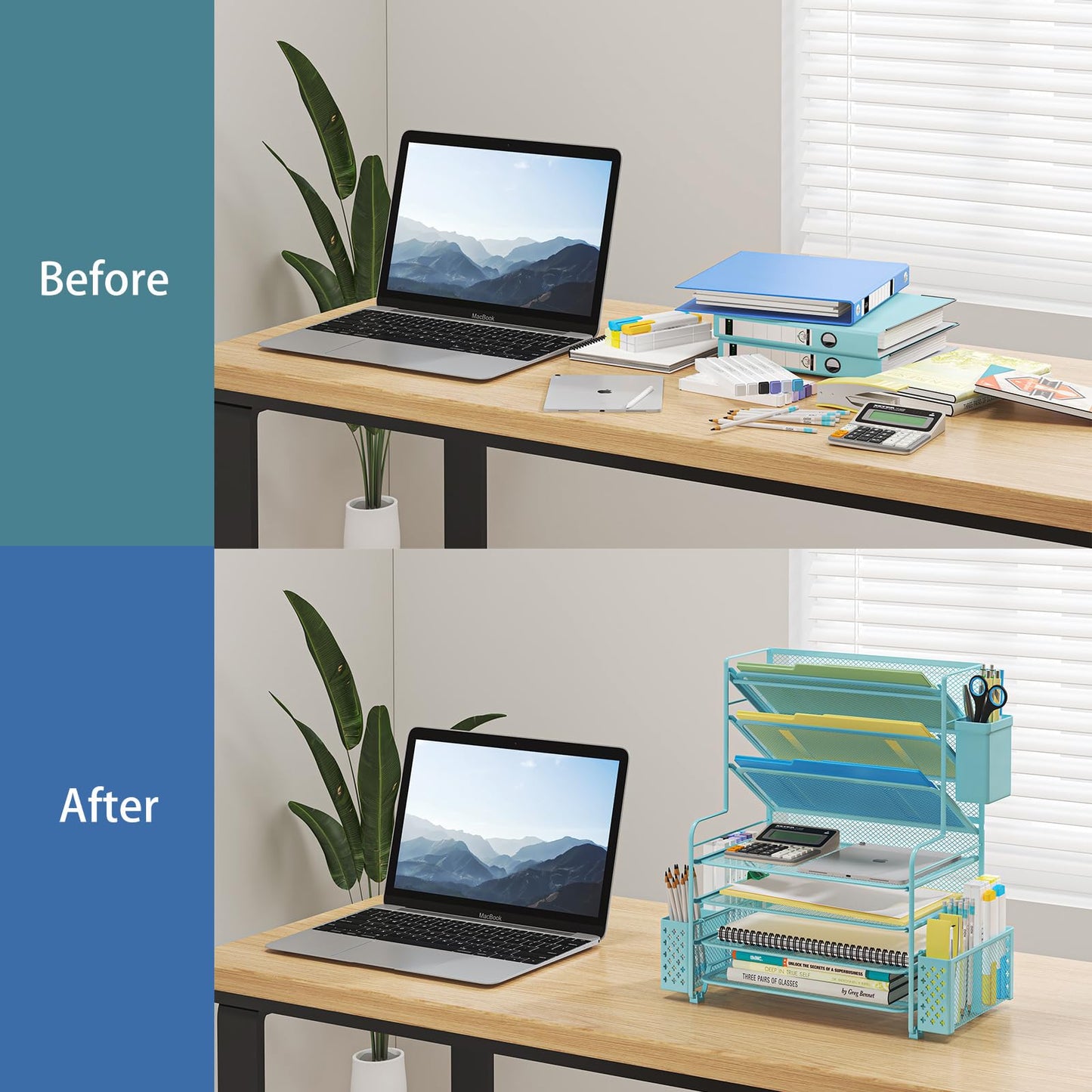Simple Trending 7 Tier Desk File Organizer, Letter Tray Paper Organizer with Pen Holder and Metal Hanging Basket, Blue