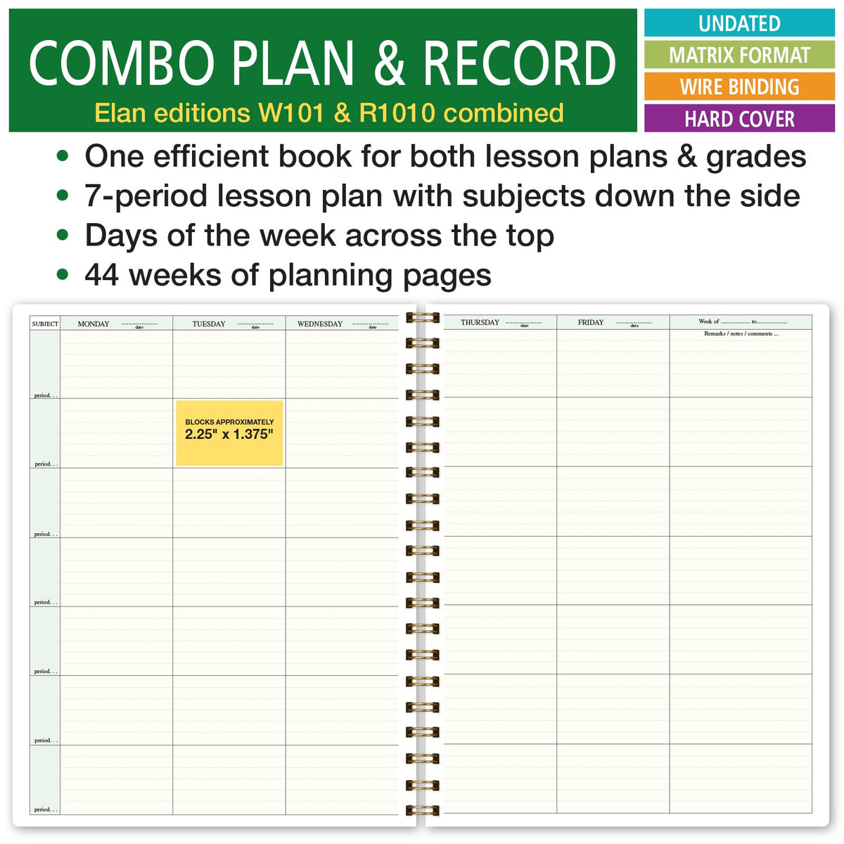 Elan Publishing Company HARDCOVER Combination Plan and Record Book: One efficient 8.5" x 11" Book for Lesson Plans and Grades Combines W101 and R1010 with Bonus Clip-in Bookmark (Teal Floral)