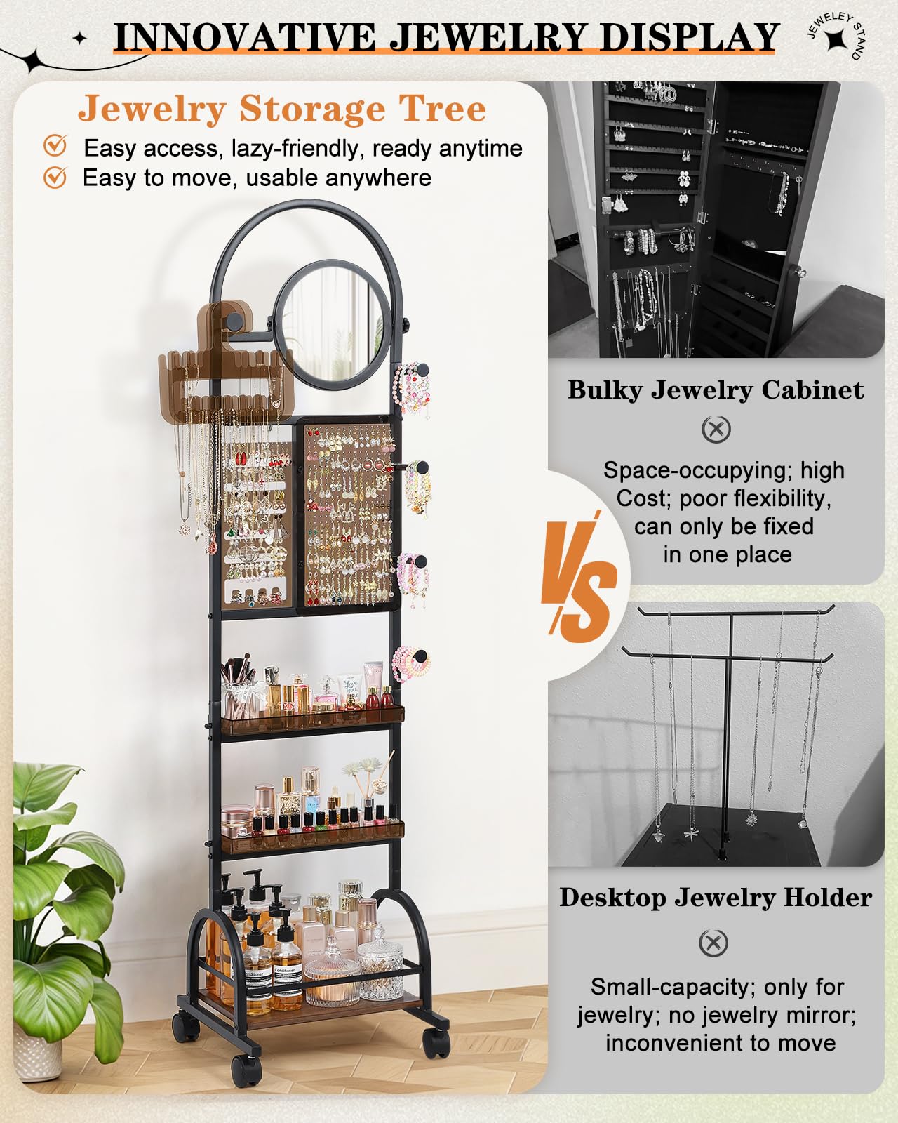 Mirror Jewelry Cabinet Standing, Jewelry Organizer and Storage with Jewelry Mirror, Jewelry Armoire with Earring Organizer Necklace Holder Bracelet Display, Large Tall Stand Up Jewelry Box Stand Tree