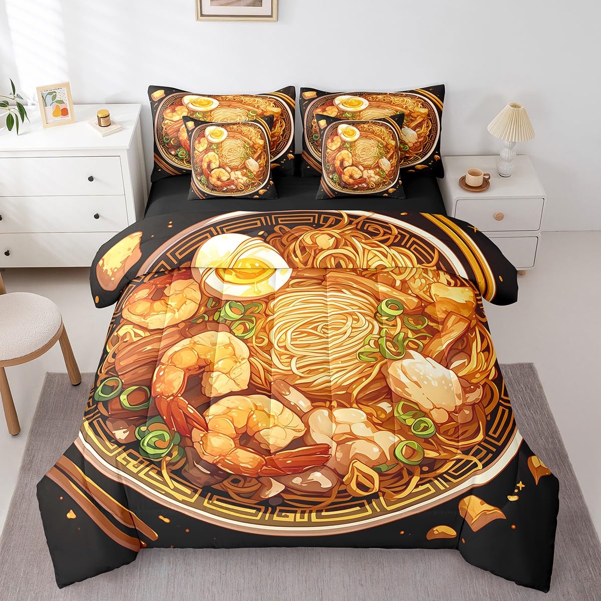 Erosebridal Ramen Noodle Queen Bedding Set 7 Piece,Japanese Ramen Bed Set Funny Gifts for Kids Teens Adults,Anime Style Comforter Set Food Themed Bed in a Bag with Fitted+Flat Sheet,Pillowcases