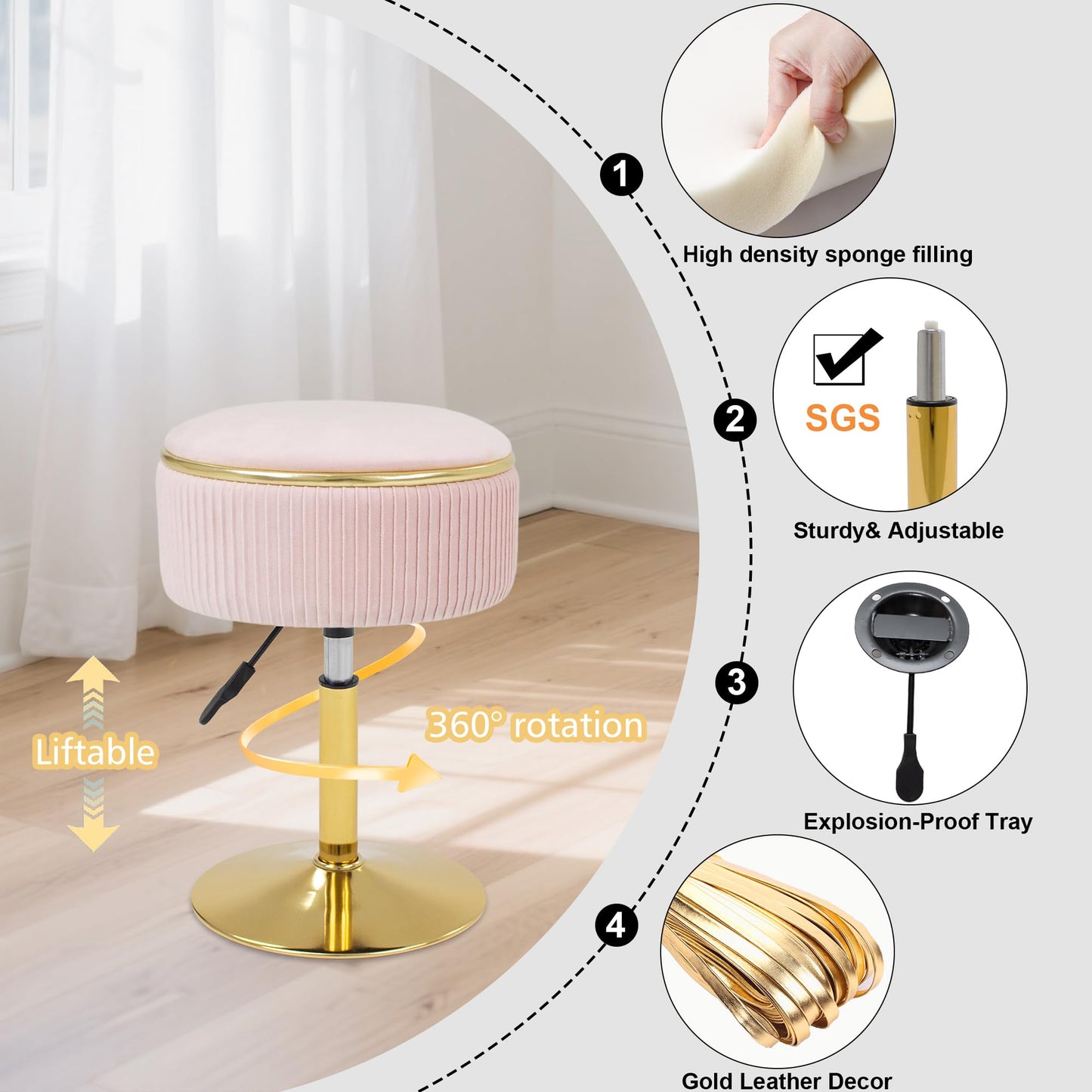 MRITWAII Adjustable Vanity Stool with Storage, 360° Swivel Makeup Stool Chair Small Velvet Round Ottoman with Gold Base for Bedroom, Pink