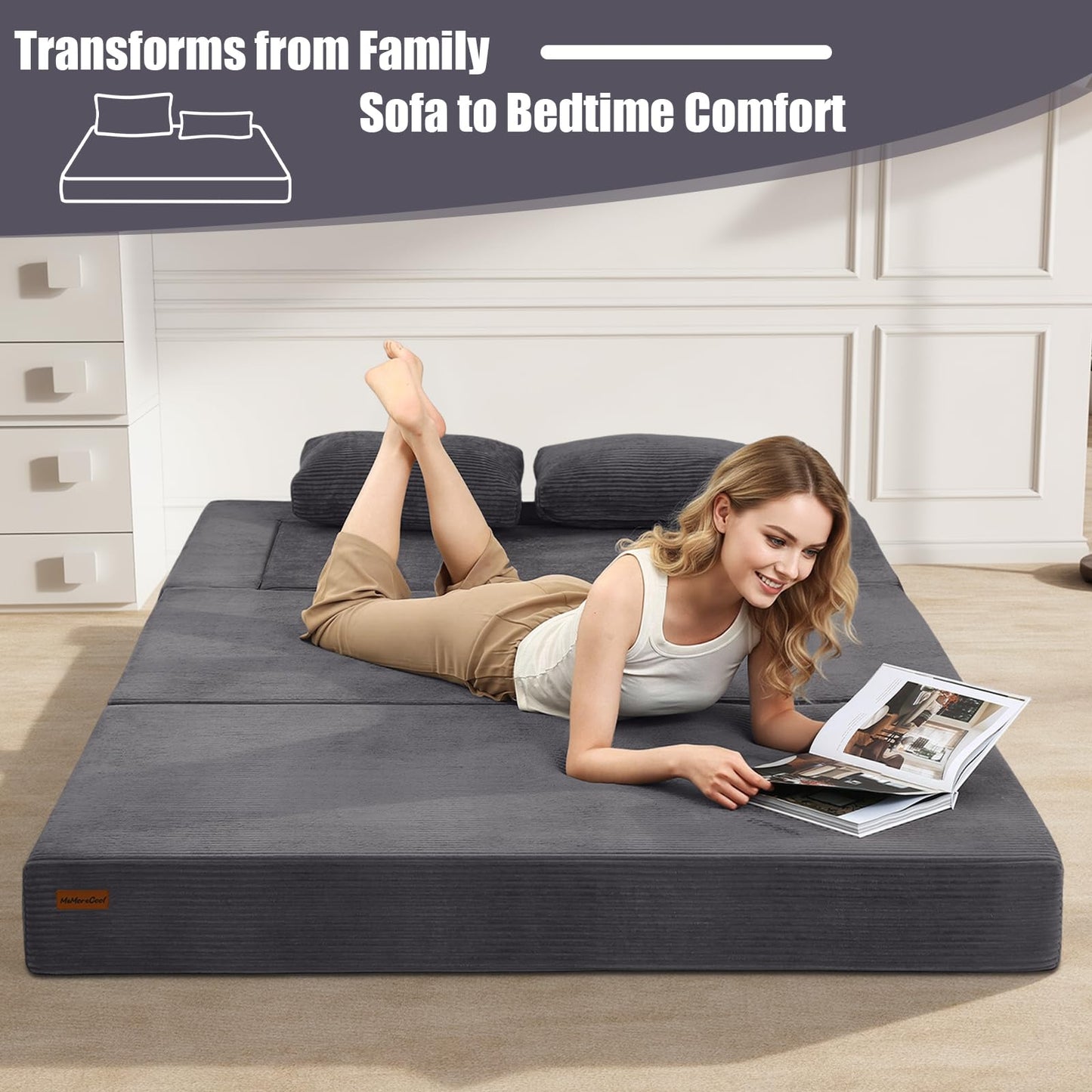 MeMoreCool Futon Couch Convertible Sofa Bed Queen, Folding Floor Couch Bed with Pillow, Corduroy Grey Foldable Sofa Sleeper, Fold Out Boneless Loveseat Lounge for Living Room Small Spaces