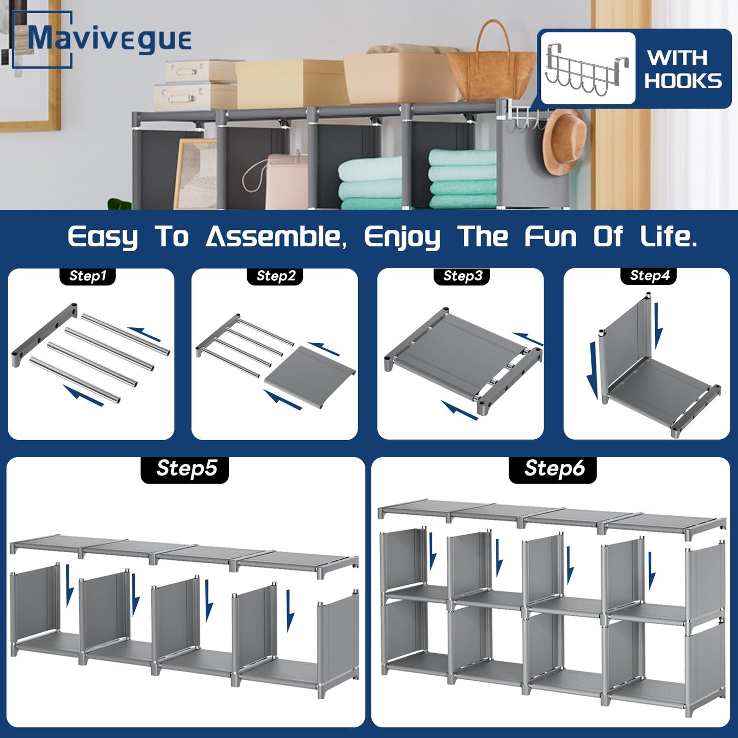 Mavivegue Book Shelf, 16 Cube Storage Organizer, DIY Bookcase, Metal Cube Bookshelf,Tall Book case for Bedroom, Living Room,Office,Closet Storage Organizer, Grey Cubicle Storage Rack