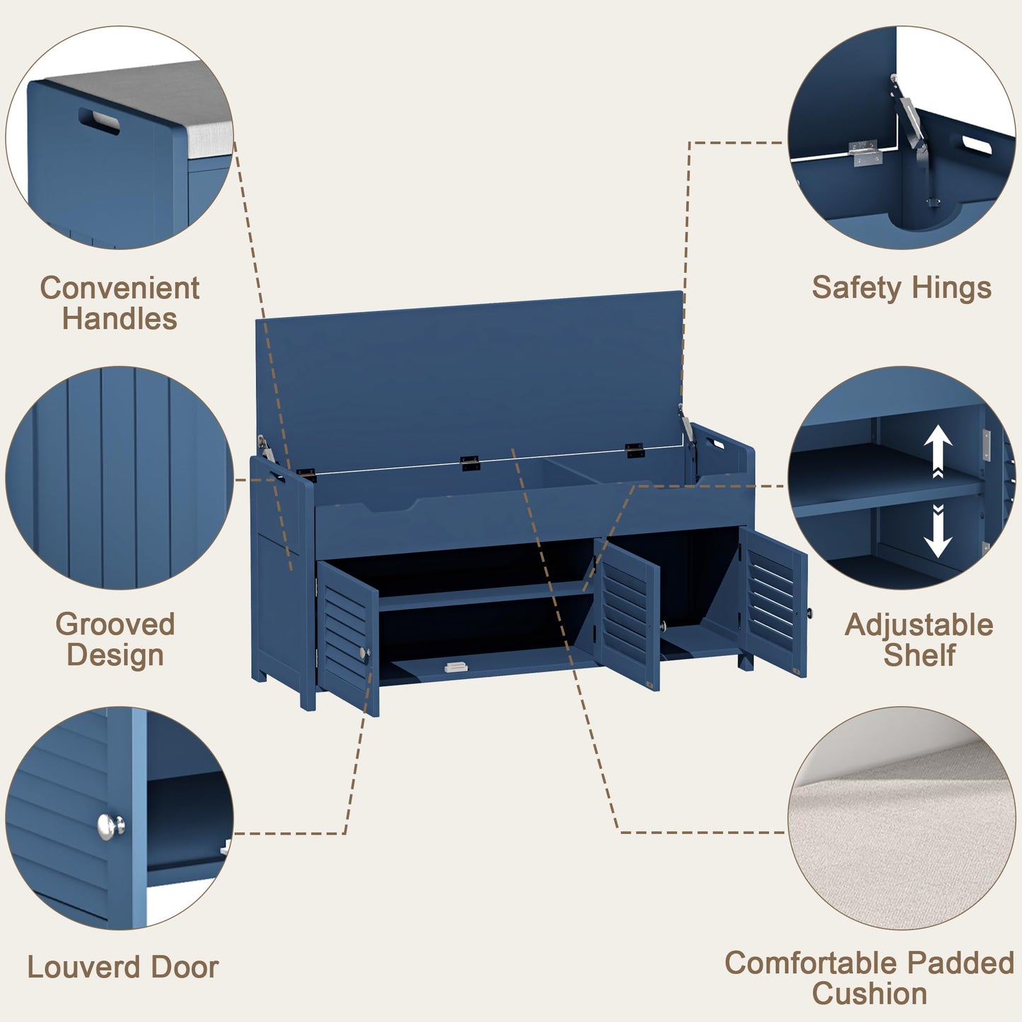 ChooChoo 41.3" Shoe Storage Bench with Lift Top Storage, Entryway Bench with Cushioned Seat, Adjustable Shelf, Shoe Cabinet with Hidden Space, for Entryway, Bedroom, Living Room, Blue