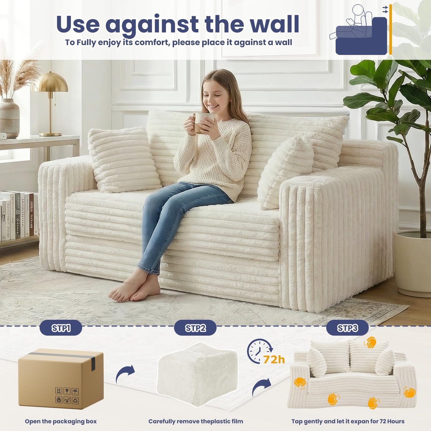 Winzoo 3-in-1 Convertible Sofa Bed: Boneless Loveseat Sleeper & Folding Couch Bed with 4 Pillows & Detachable Cushion,Furry Futon Couch for Bedroom,Apartment,Office and Living Room, No Assembly,Beige