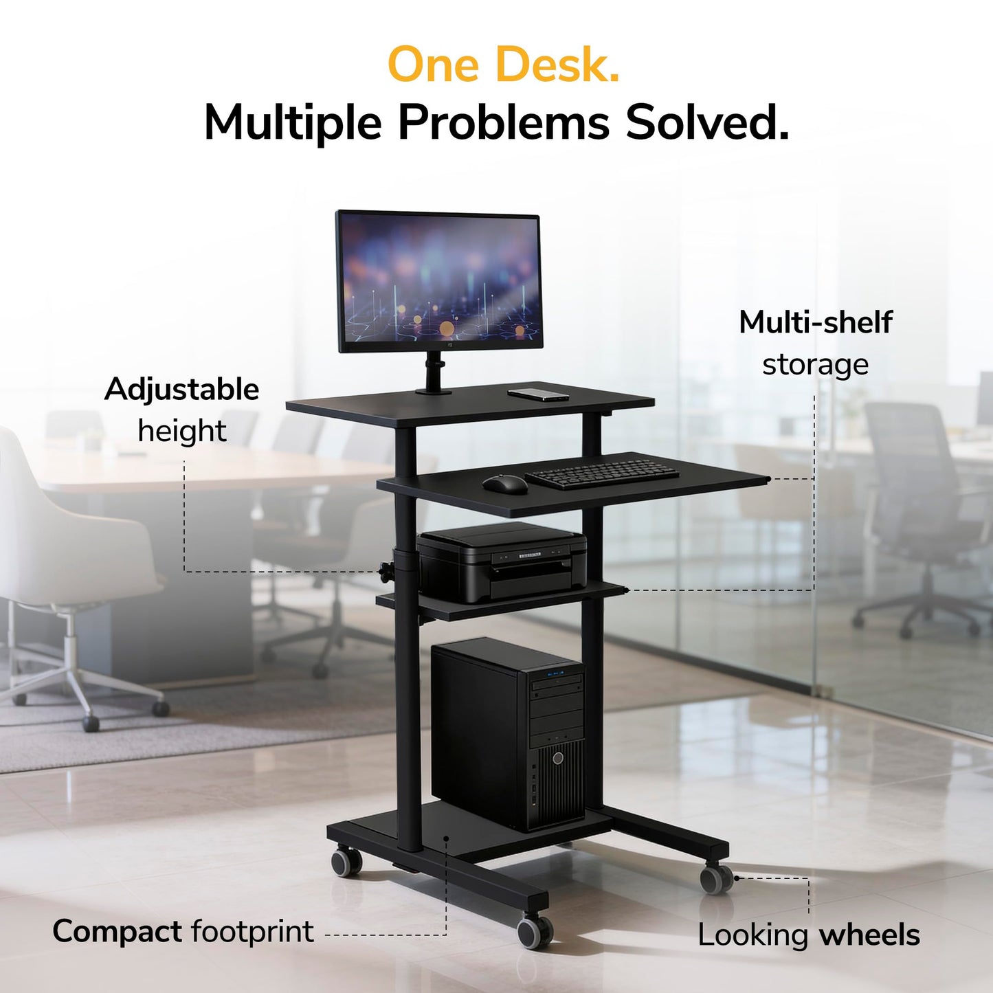 Mount-It! Black Rolling Standing Desk, Adjustable Height up to 54.7", Portable Laptop Podium Desk on Wheels, Mobile Computer Workstation with 4 Shelves 27.5" Wide, Cart for Home Office or Classroom