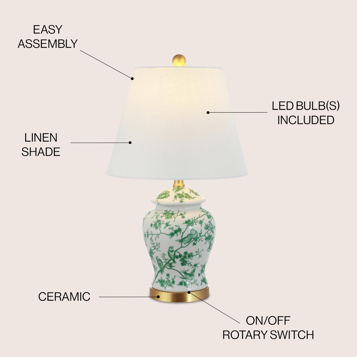 JONATHAN Y 22" White/Green Ceramic Table Lamp, French Country Chinoiserie Ginger Jar LED Bedside Lamp for Living Room Bedroom, White Linen Shade (JYL3005B)