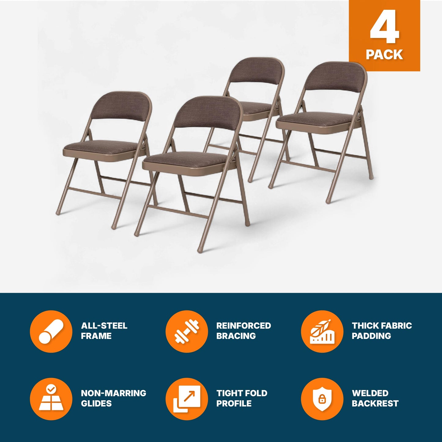 OEF Furnishings OEF970 Series Premium Fabric Padded All Steel Folding Chairs, Comfort Cushioned Seat & Back for Meeting Office Training Rooms (4-Pack, Cosmic Brown)