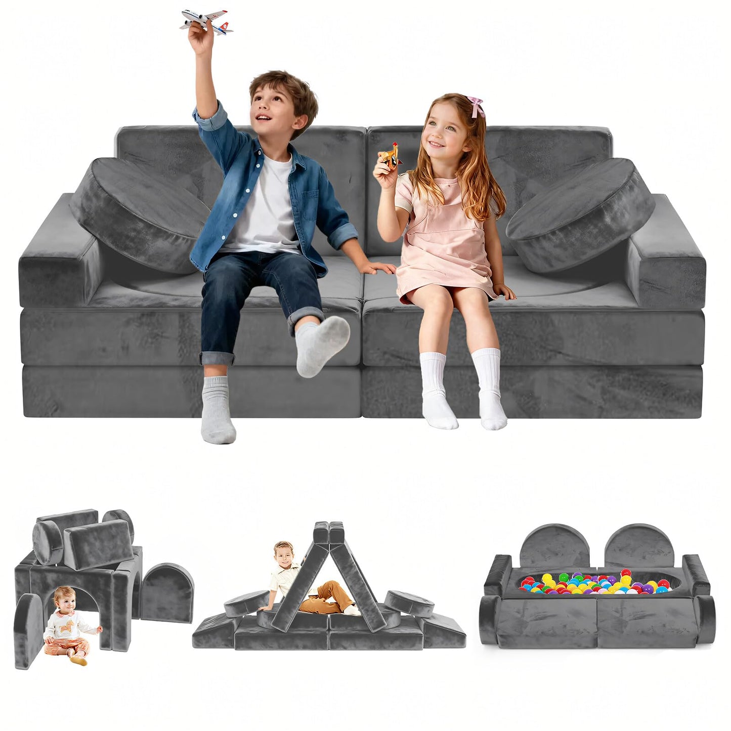 Decmuerx 12pcs Modular Kids Play Couch - CPC Certified Convertible Toddler Sectional Sofa, Washable Durable Foam Floor Cushion for Kids Playroom (Play Fort/Castle)
