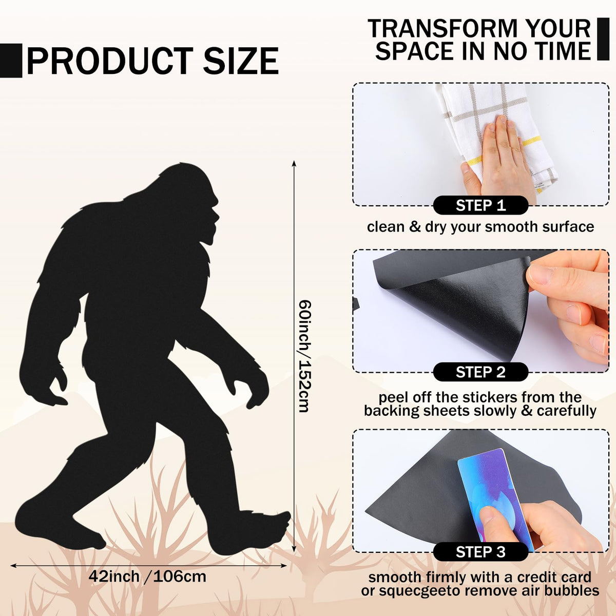 Affrolling Bigfoot Wall Decal Large 60 x 42 Inch Sasquatch Big Foot Silhouette Peel and Stick Wall Decals for Office Home Decor Gifts for Sasquatch Bigfoot Lovers(Black)