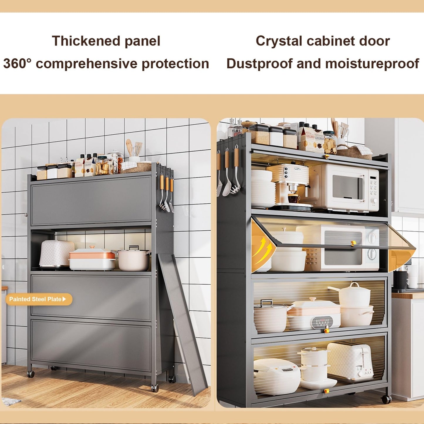 Kitchen Storage Cabinet - Microwave Oven Shelf & Bakers Rack, Transparent Flip Door, 70cm/28in for Kitchen, Home, Office, Pantry - Stylish & Functional Storage Solution in Gray