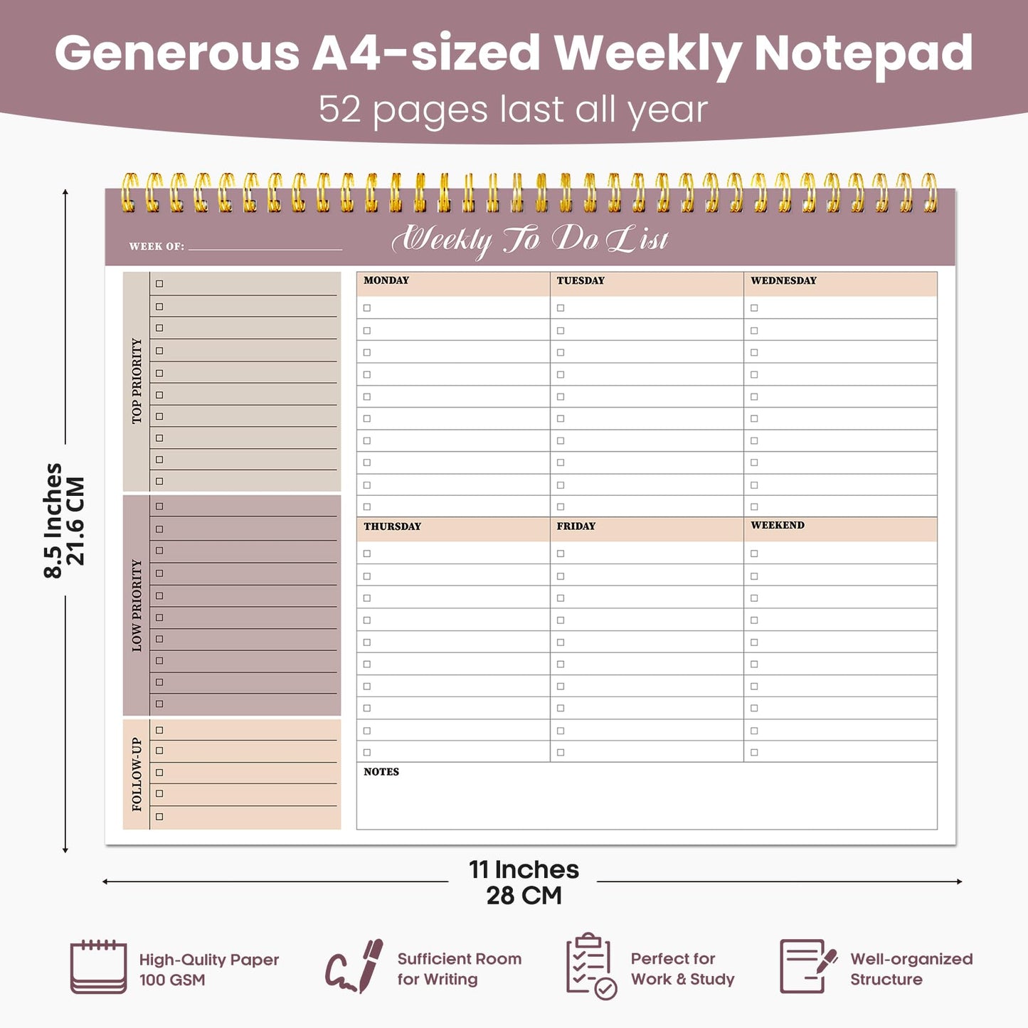 Weekly To Do List Notepad with 52 Undated Sheets（8.5"×11"）- Undated Weekly Planner Notepad for Office Desk Accessories and Supplies - Midnight Lilac