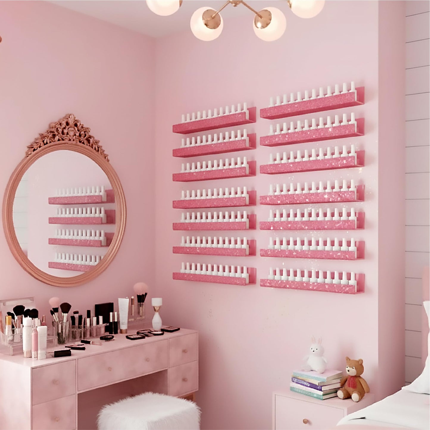 4 Pack 15 Inch Nail Polish Organizer，Diamond Crystal Rhinestone Acrylic Nail Polish Organizer，Sunglasses Essential Oil Picture Display Storage Pink