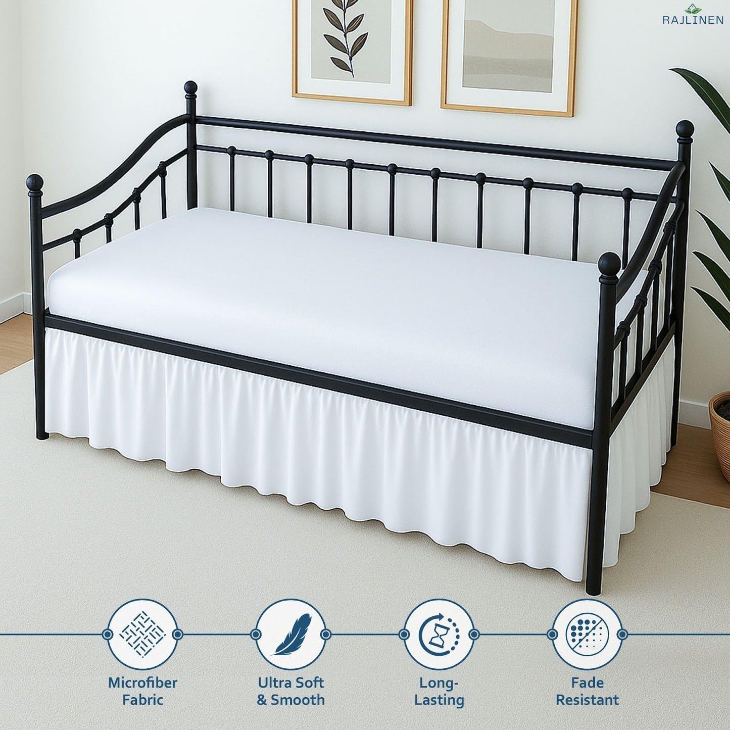 Rajlinen Twin Daybed Skirt, Ruffled 16 Inch Drop with Split Corners, 100% Microfiber, Easy Fit Dust Ruffle for Day Bed with 3-Side Coverage, Soft Decorative Classic Platform Fit, White