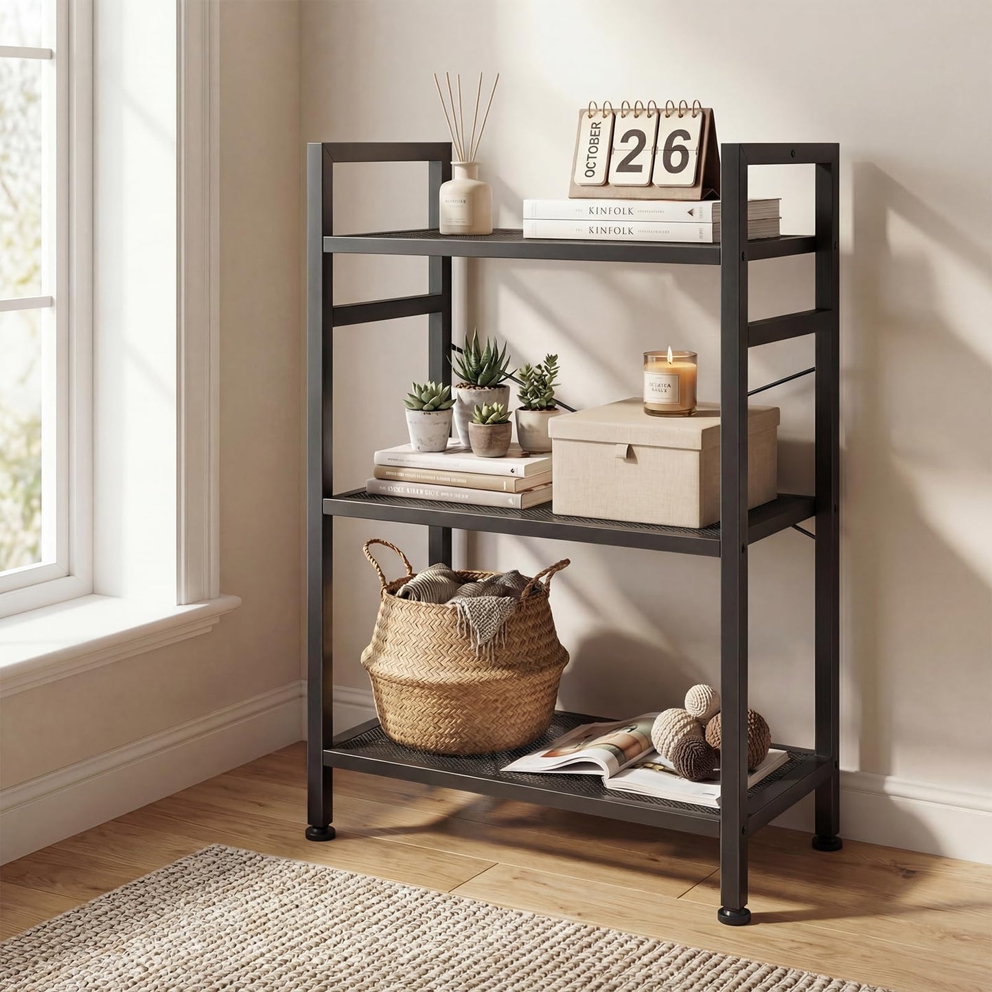 DUMOS 3 Tiers Open Bookshelf, Classic Freestanding Tall Display Shelf, Multifunctional Storage Organizer Rack for Living Room Home Office, Sturdy Bookcase for CDs/Books/Movies, Black