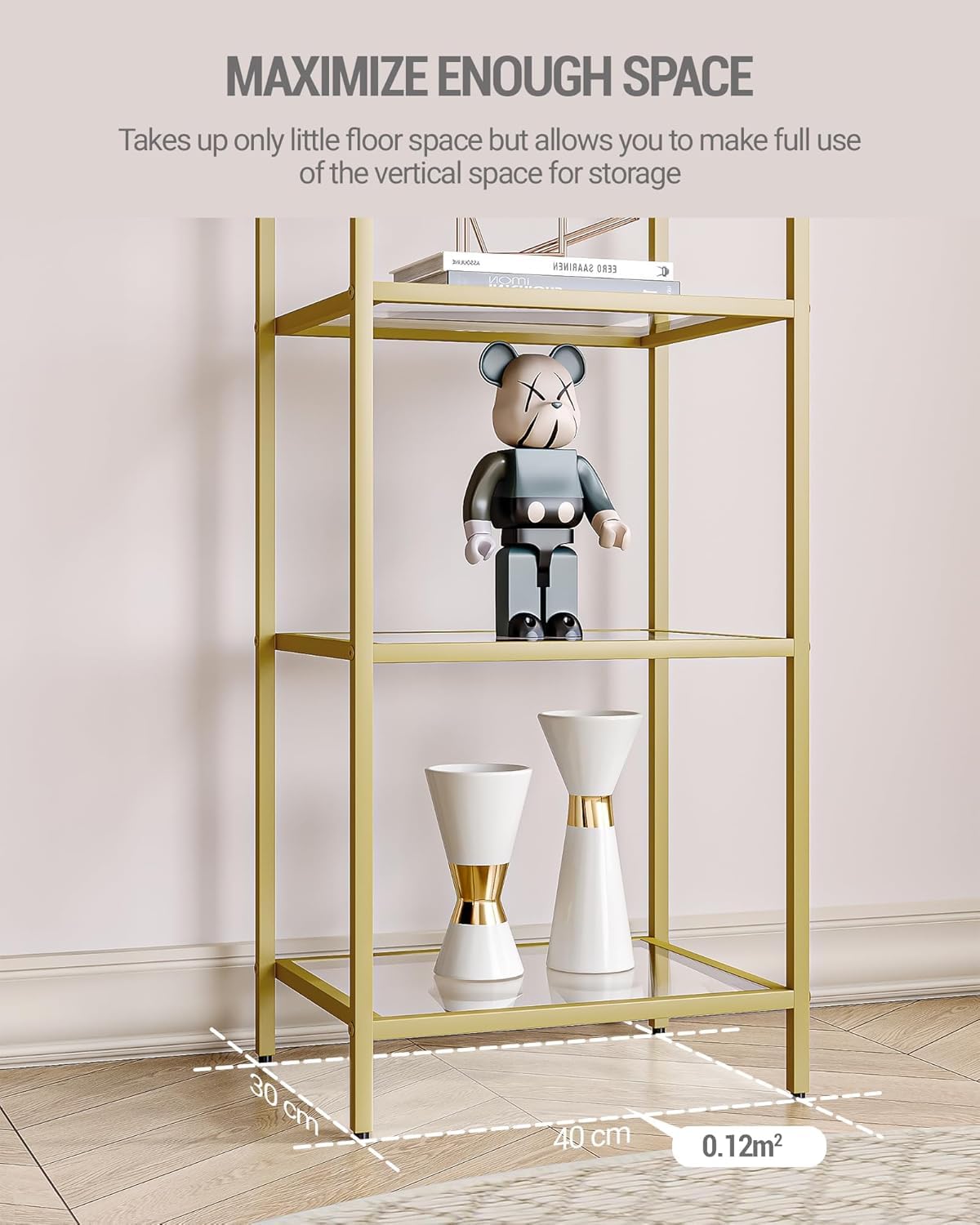Hzuaneri Bookcase Bookshelf, Tempered Glass Bookshelves, Slim Shelving Unit for Bedroom, Bathroom, Home Office, Steel Frame, 5 Tier Gold BC05001G
