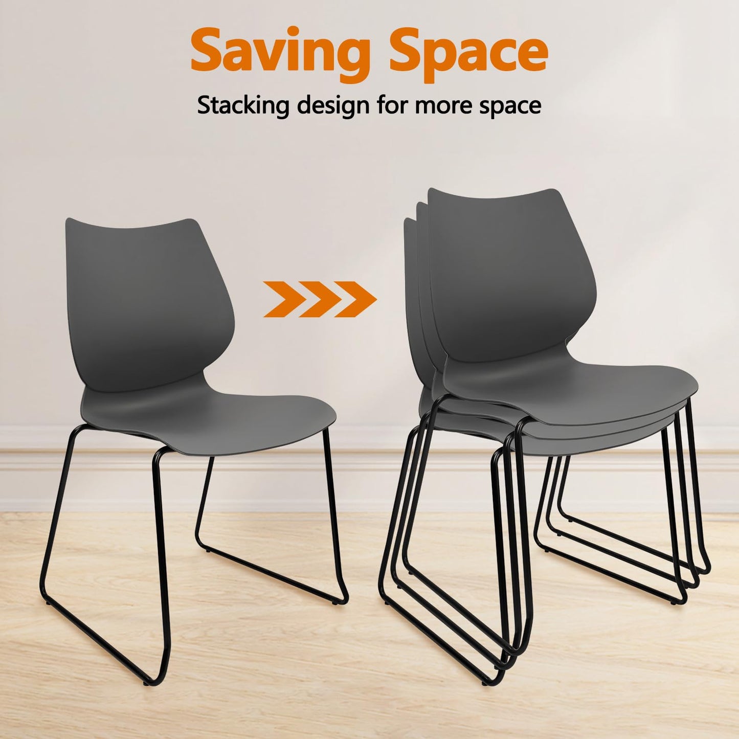 KLASIKA Stacking Waiting Room Chairs, Stacked Plastic Office Chair with Ergonomic Lumbar Support and Metal Legs for Conference School Church Guest Reception Set of 12, Grey