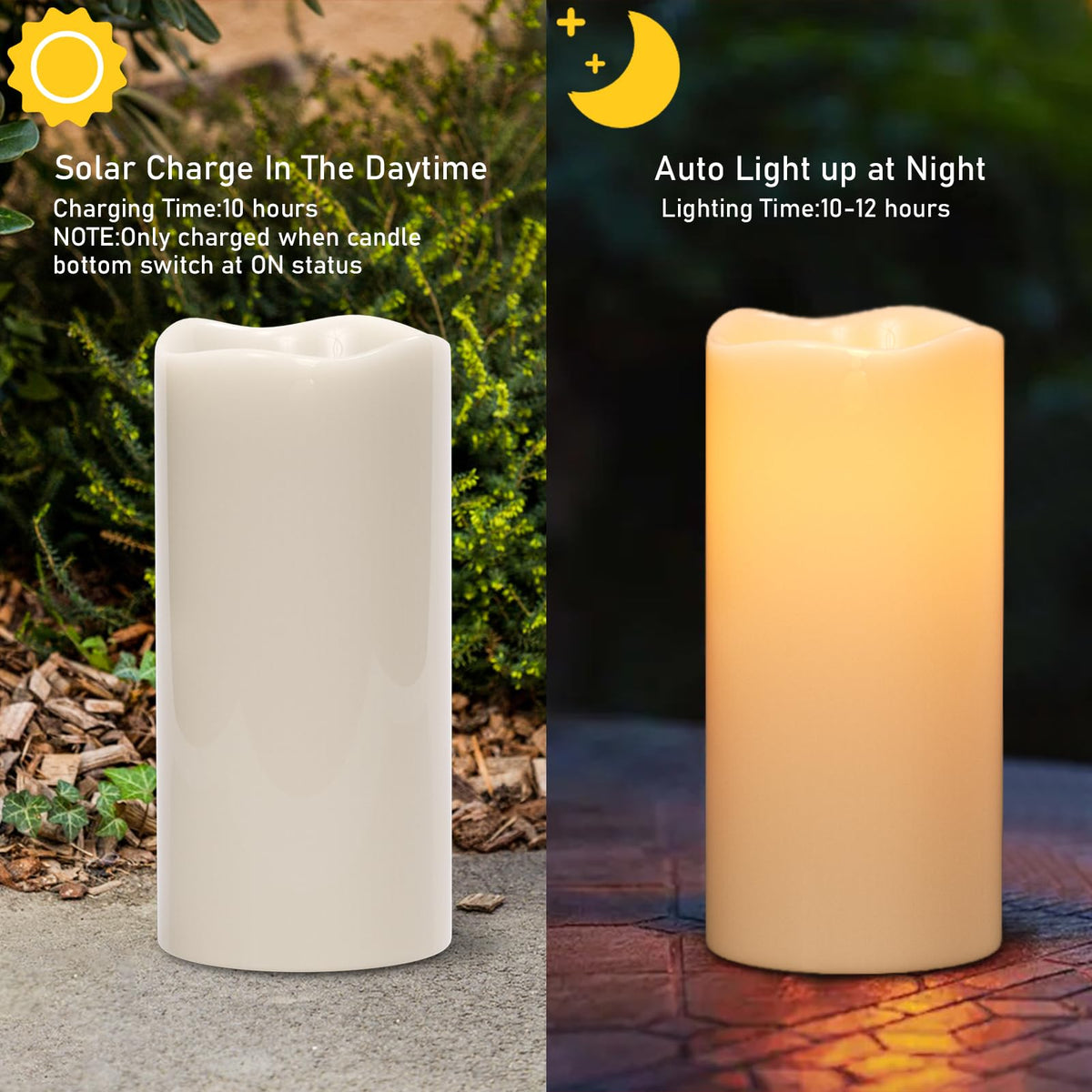 Wondise Solar Powered Flameless Candles IP65 Outdoor Waterproof Rechargeable LED Candles Battery Operated Dusk to Dawn Plastic for Camping Patio Porch Lanterns(2 Pack, 4" D x 8" H x 10" H)