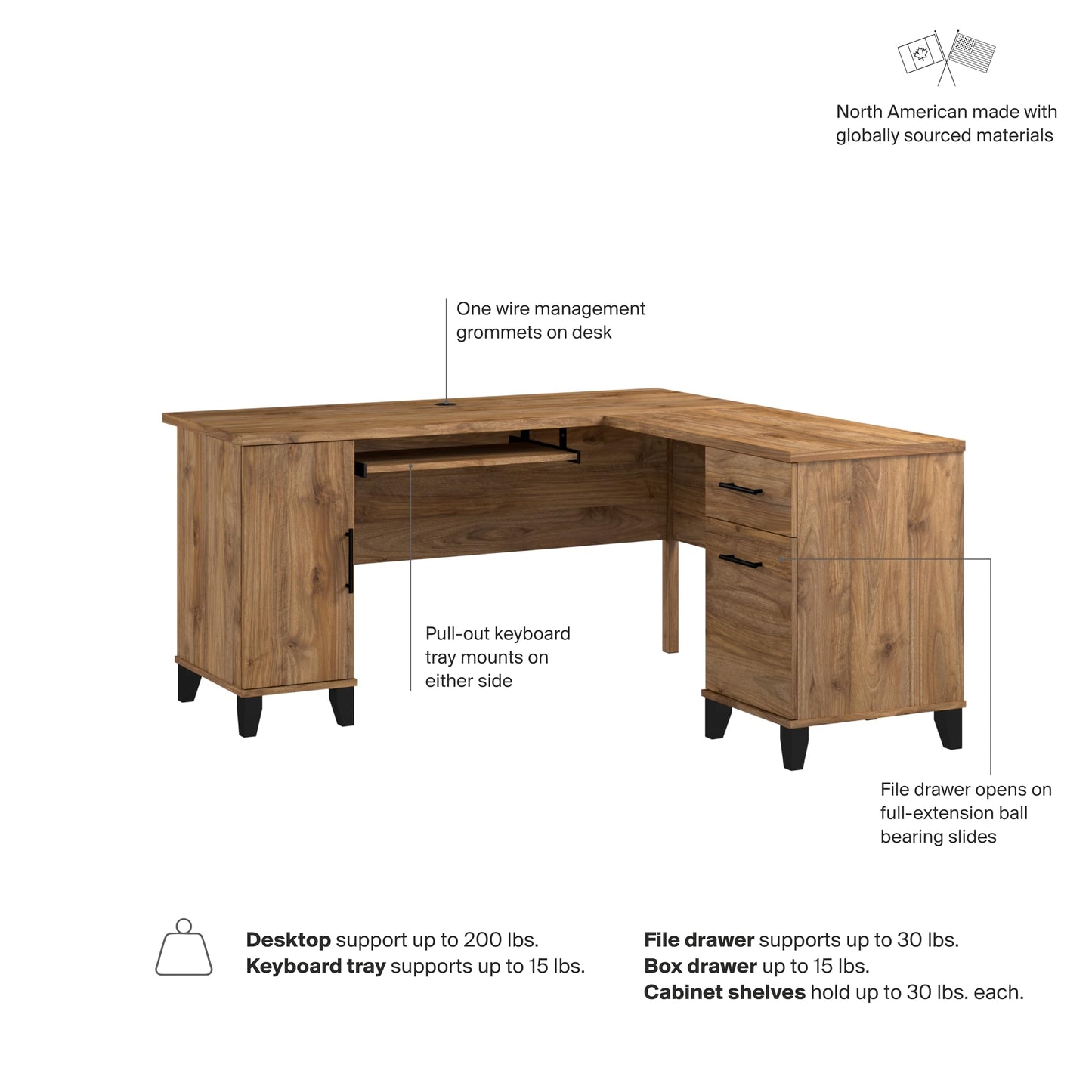 Bush Home 60-Inch L-Shaped Desk with Storage, Corner Computer Office Desk with Drawers and Storage Cabinet, Home Office Furniture, Somerset Collection, Fresh Walnut