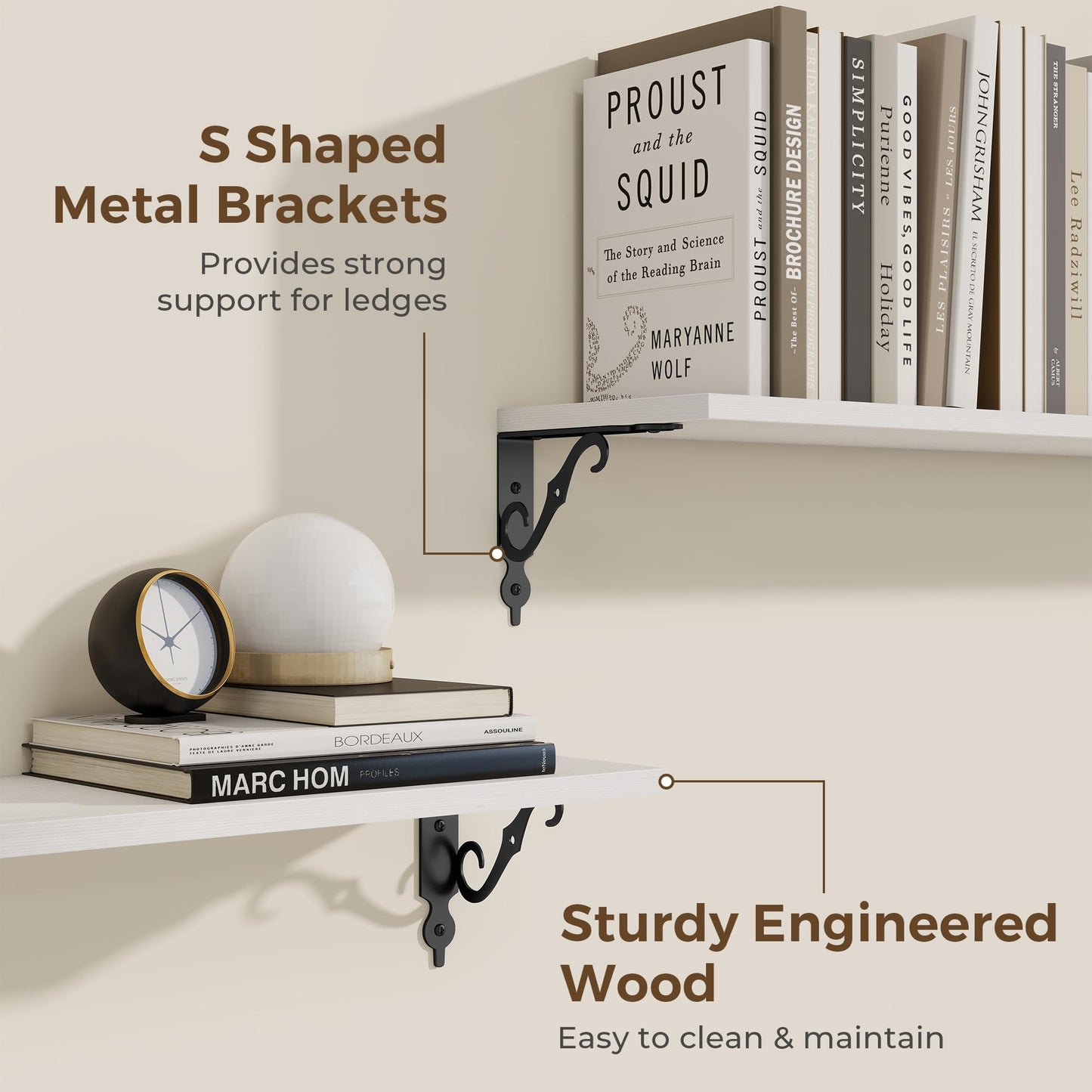 RICHFOCUS Floating Shelves for Wall Decor, 8 Inch Deep Shelves Set of 2, 16W x 8D Floating Shelves Wall Mounted with Metal Brackets, Rustic Wood Shelves for Living Room Bedroom Kitchen, White