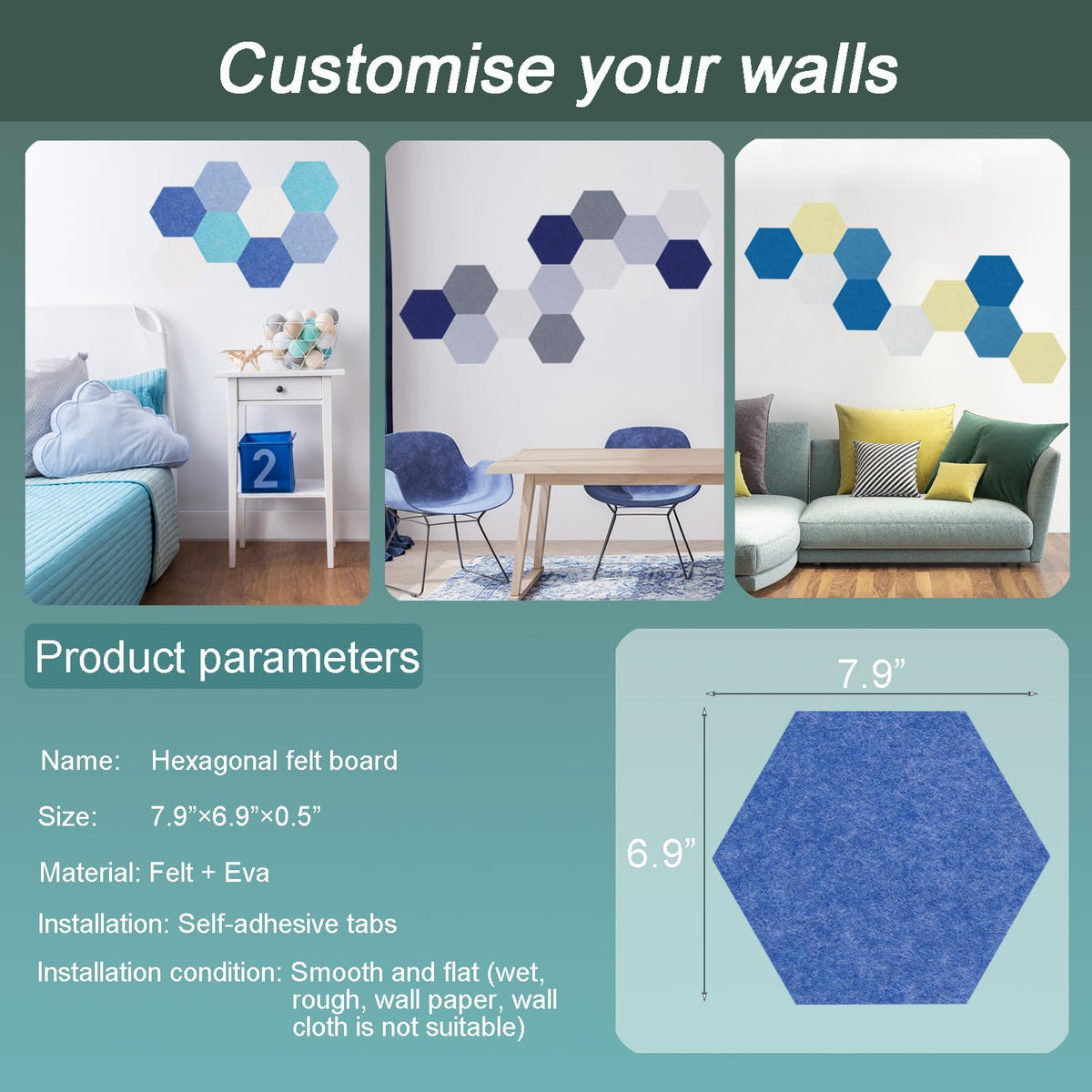 Afumazi Felt Bulletin Board Tiles, 8 Pcs Hexagon Wall Tiles with Removable Adhesive, 7.9×6.9 Inch Cork Pin Board for Classroom, Home, Office (Set E, Middle)