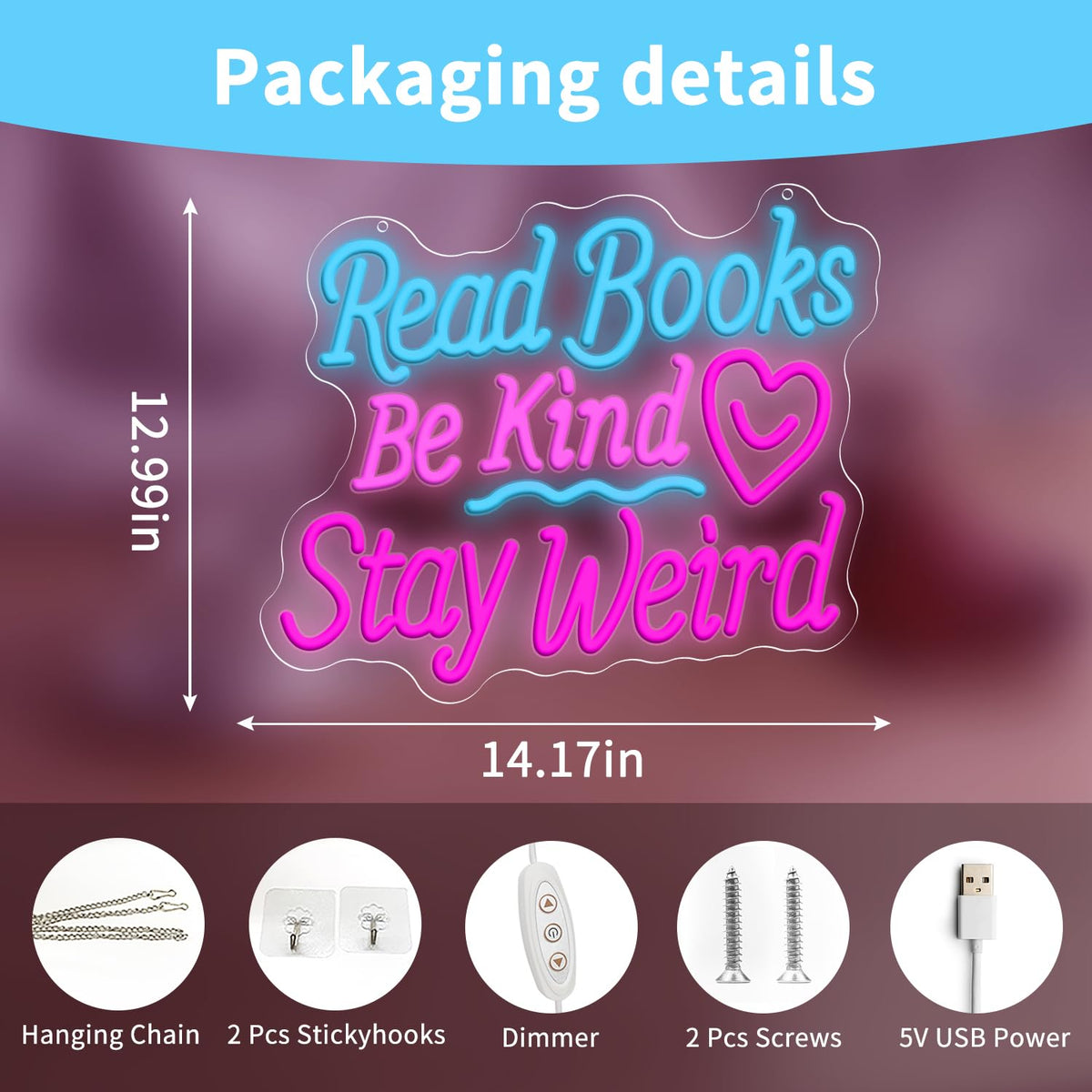 Read Books Be Kind Stay Weird Neon Sign Neon Signs for Wall Decor, Dimmable Read Books Neon Lights LED Sign, Bedroom Bookstore Reading Room Library Study Decoration 14.17 x 12.99 inch
