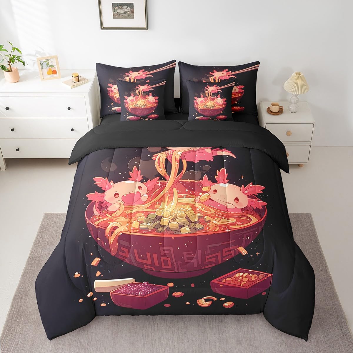 Erosebridal 7Pc Ramen Noodle Queen Bedding Set,Funny Axolotl Comforter Set Ramen Gifts for Kids Adults,Japanese Anime Style Bed Set Food Themed Bed in a Bag with Fitted Sheet,Flat Sheet,Pillowcases