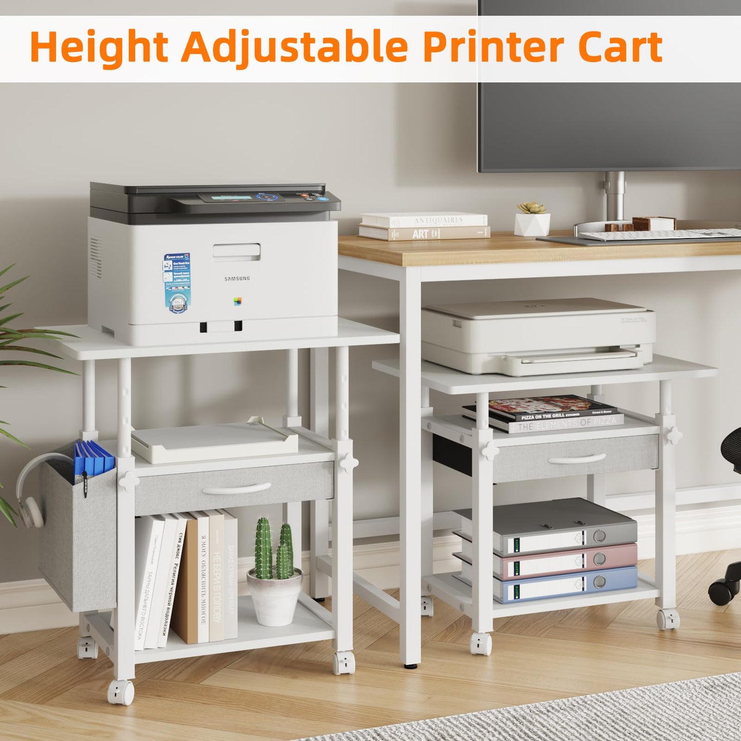 YAOHUOO 22"x15" Large Printer Stand with Drawer, 3-Tier Rolling Table Cart