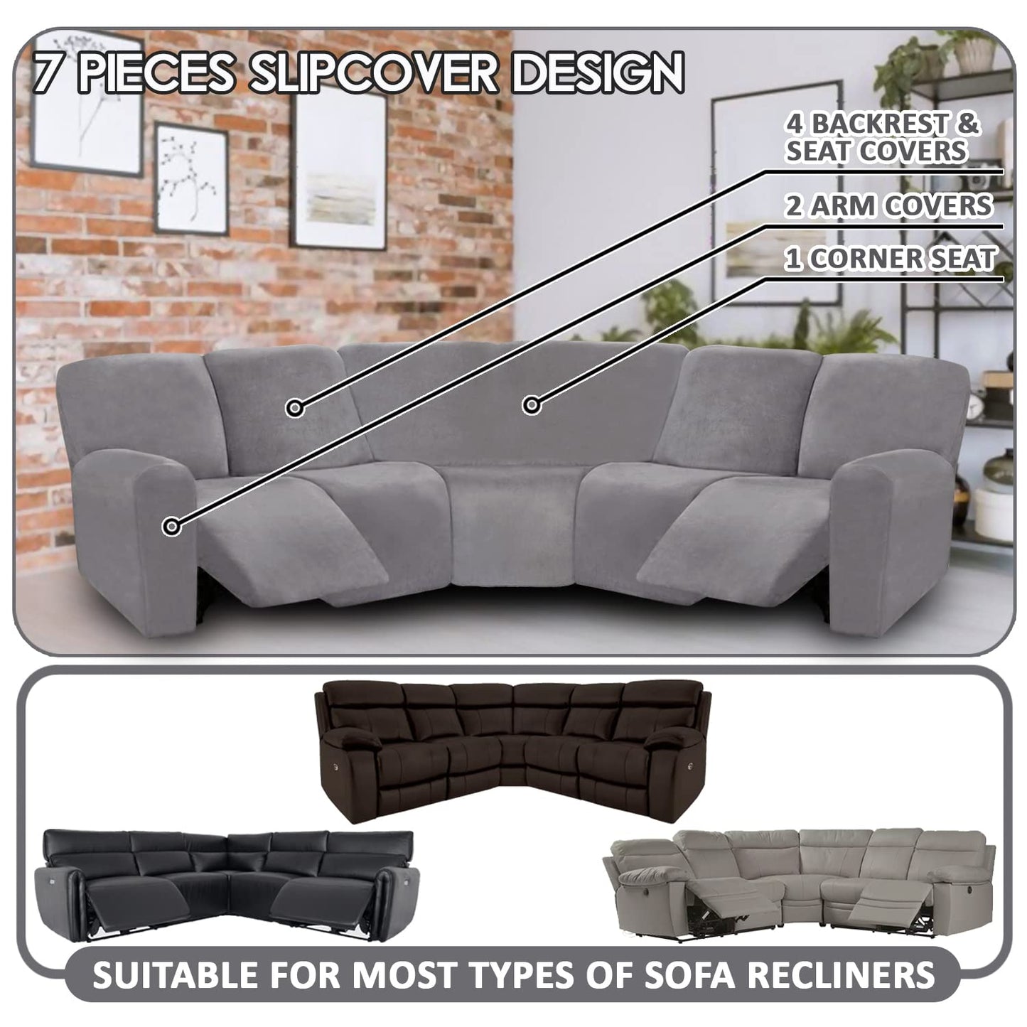 ULTICOR 7-Piece L Shape Sectional Recliner Sofa Covers, Velvet Stretch Reclining Couch Covers for Reclining Sofa, Thick, Soft, Washable (Light Gray, 5 Seat Recliner Cover)