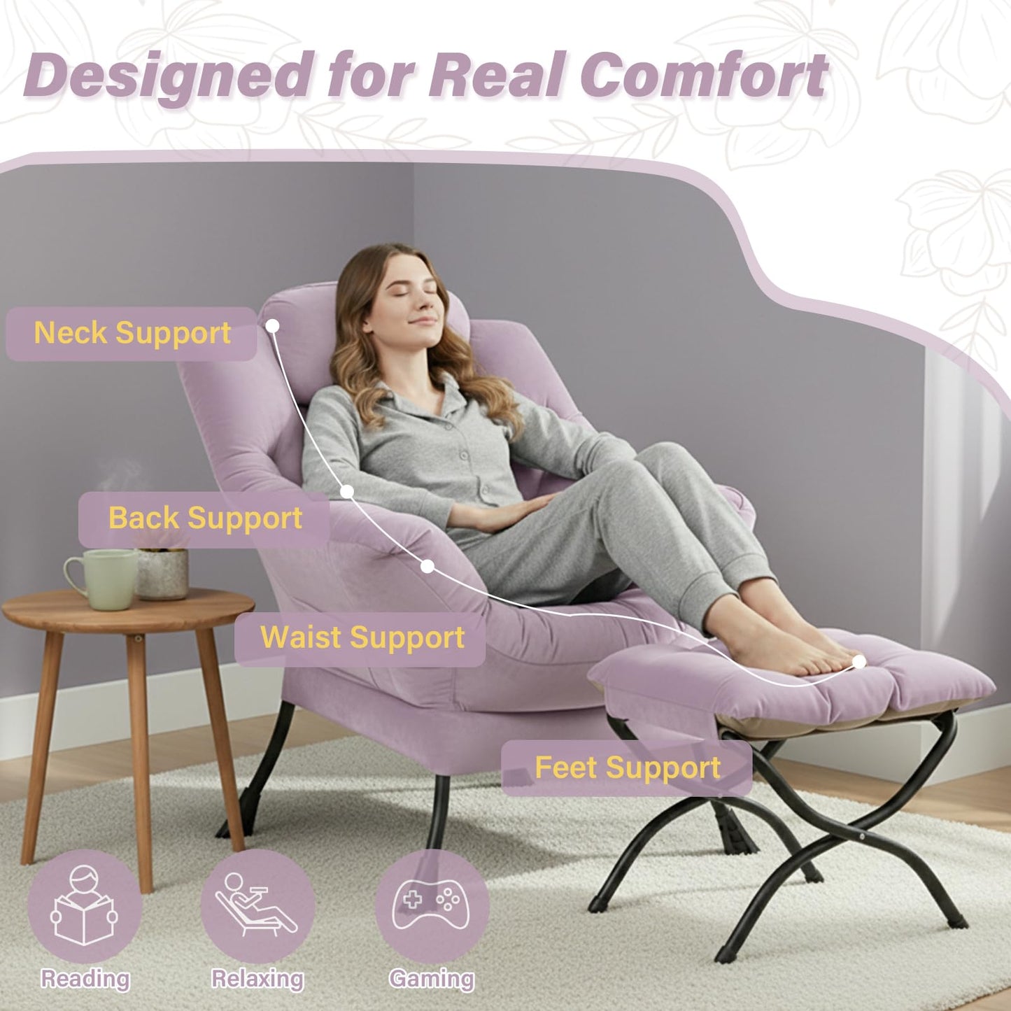 Givjoy Lazy Chair and Ottoman, Large Velvet Light Purple Accent Chair with Side Pocket, Modern Leisure Upholstered Reading Armchair with Footrest for Office, Bedroom, Living Room, Dorm Rooms, Balcony
