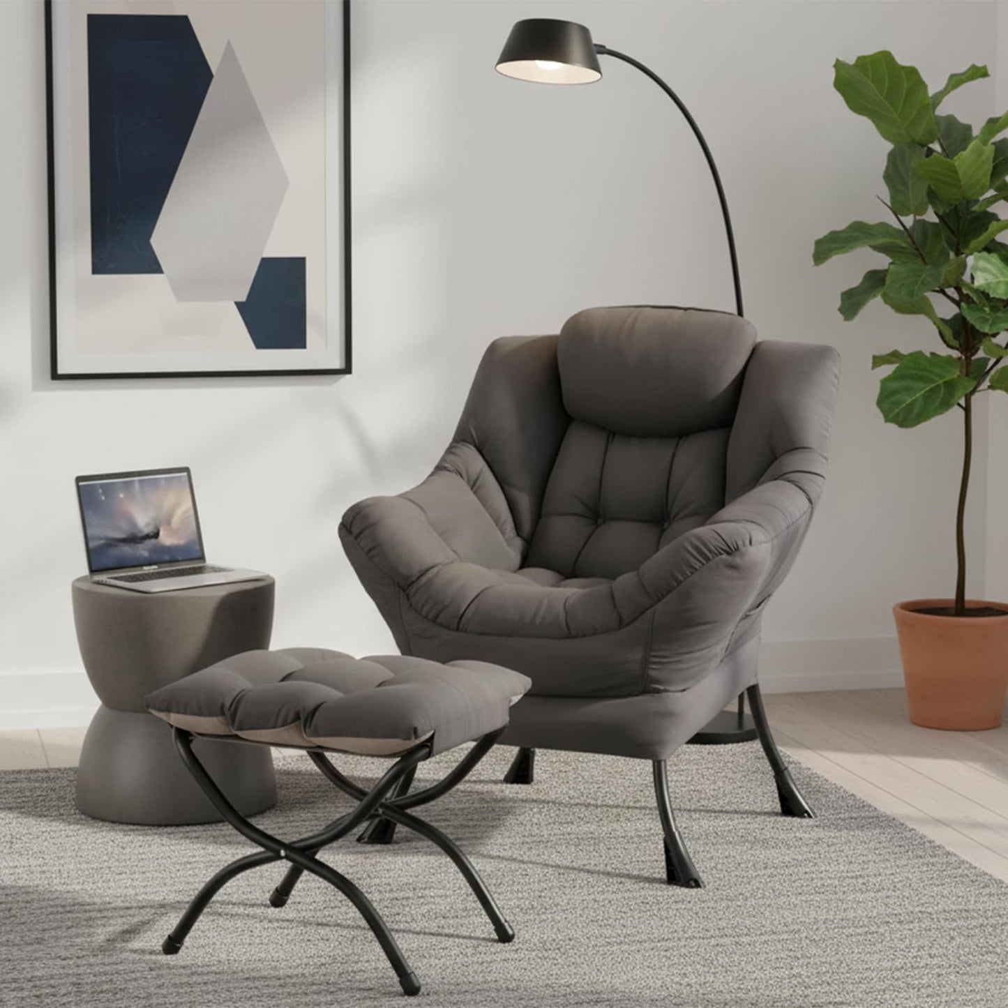 SESHINELL Lazy Chair with Ottoman, Modern Accent Chair Contemporary Sofa Chair with Armrests, Reading Chair and Folding Footstool Set for Living Room, Bedroom, Office, Dark Grey